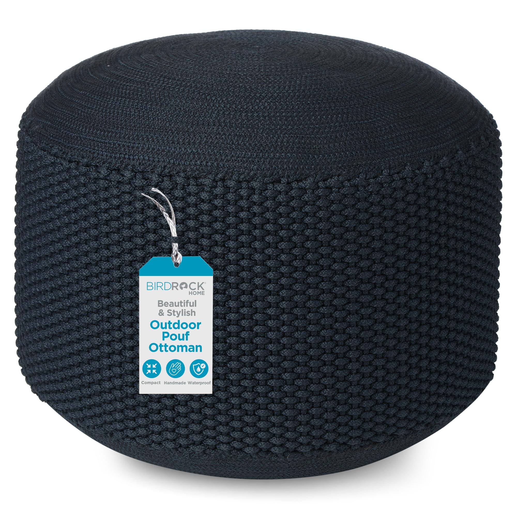 BIRDROCK HOME Outdoor Pouf Ottoman | Hand Woven Waterproof Foot Stool with Bead Bag Filling | Boho Foot Rest for Patio, Living R