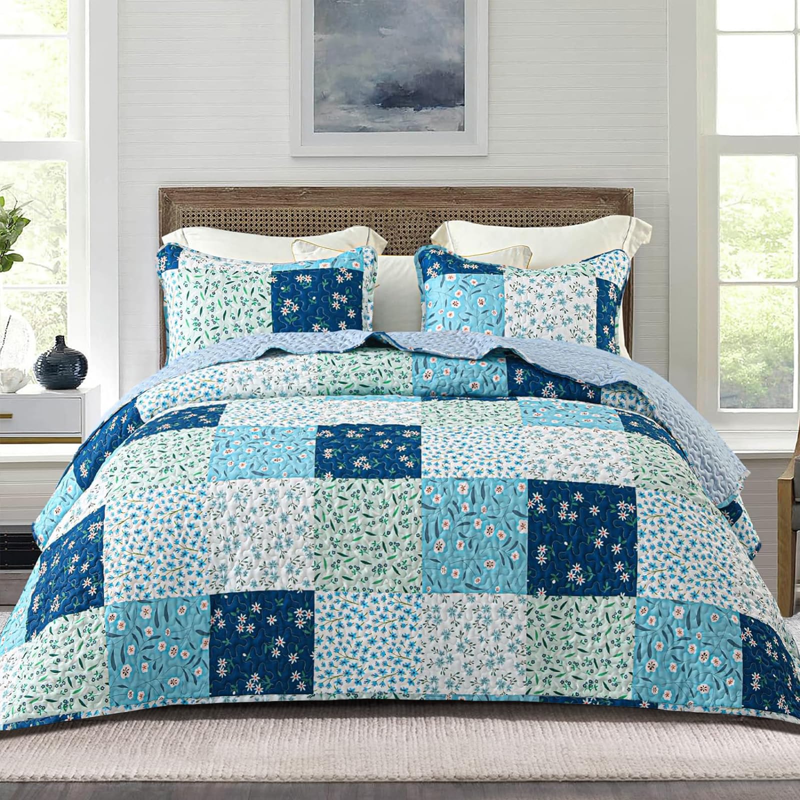 Whale Flotilla Reversible Patchwork Quilts Twin Size, Lightweight Boho Printed Bedspreads Coverlets Quilt Bedding Set with 1 Pil