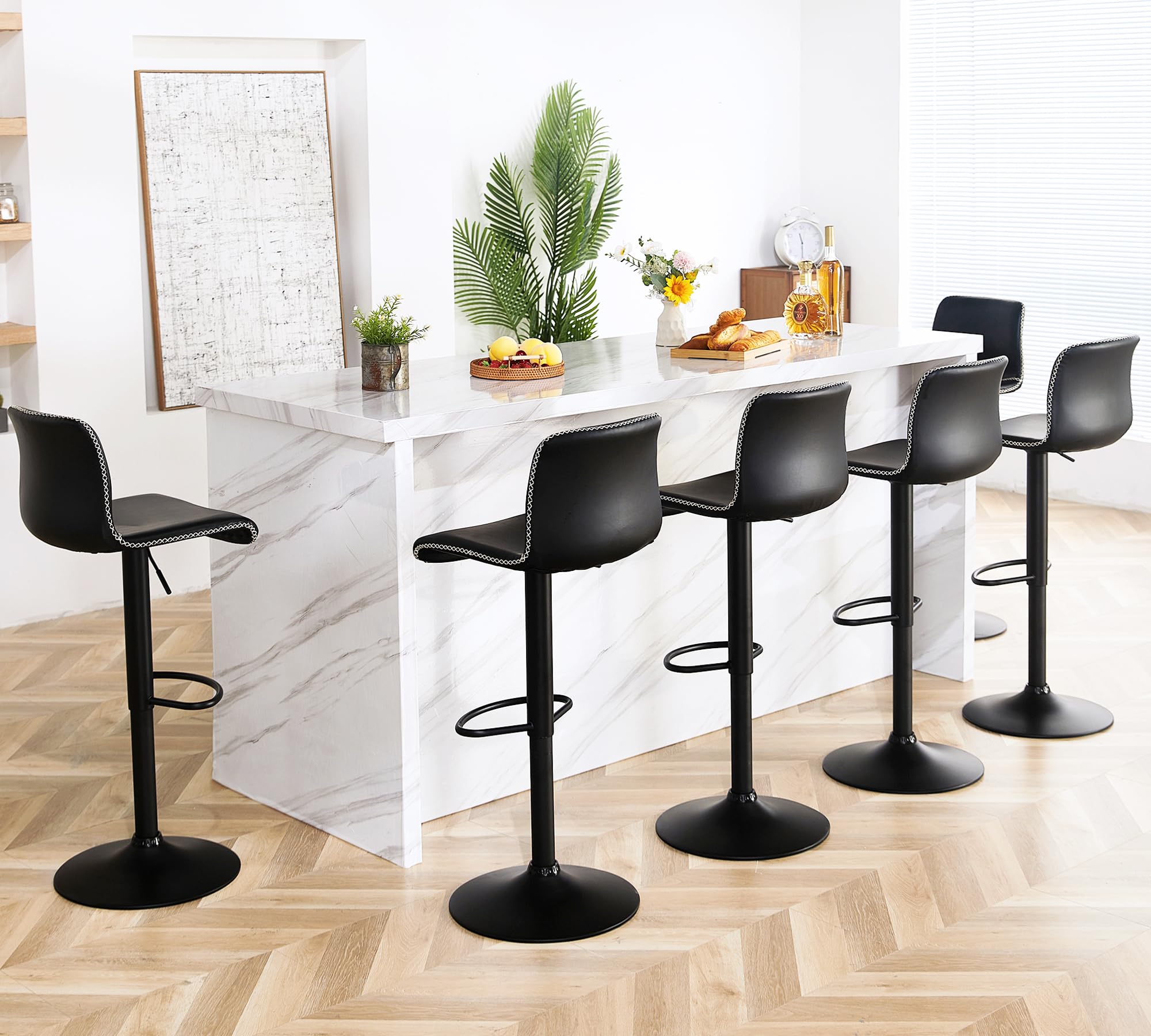HeuGah Swivel Bar Stools Set of 6, Counter Height Bar Stools with Back, Adjustable Bar Stools 24 to 32, Black Faux Leather Bar S