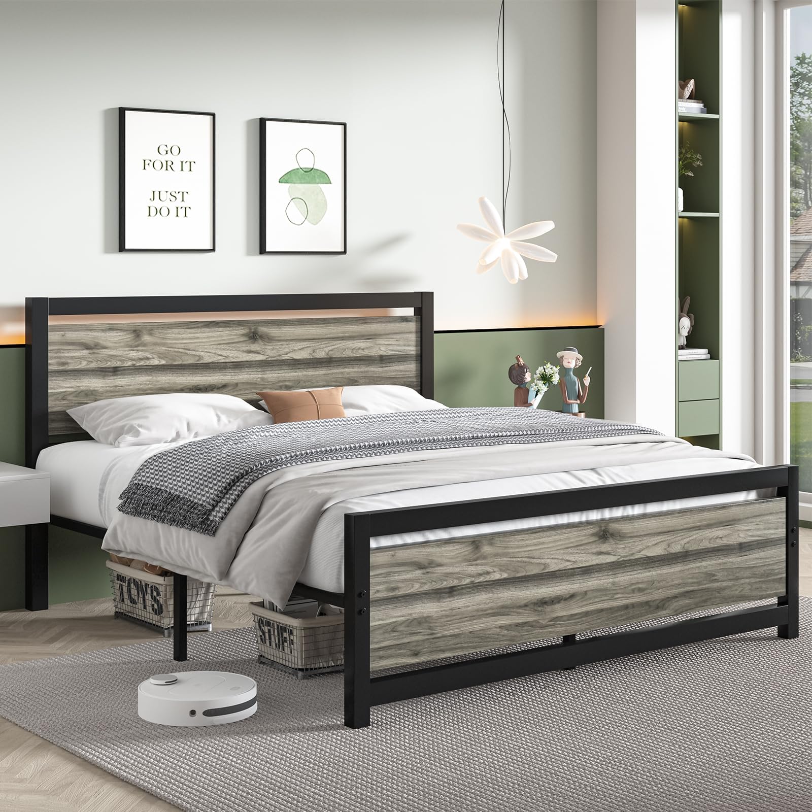 Catrimown Wood Queen Bed Frame with Headboard and Footboard, Queen Size Bed Frame with Heavy Duty Metal, Noise-Free, No Box Spri