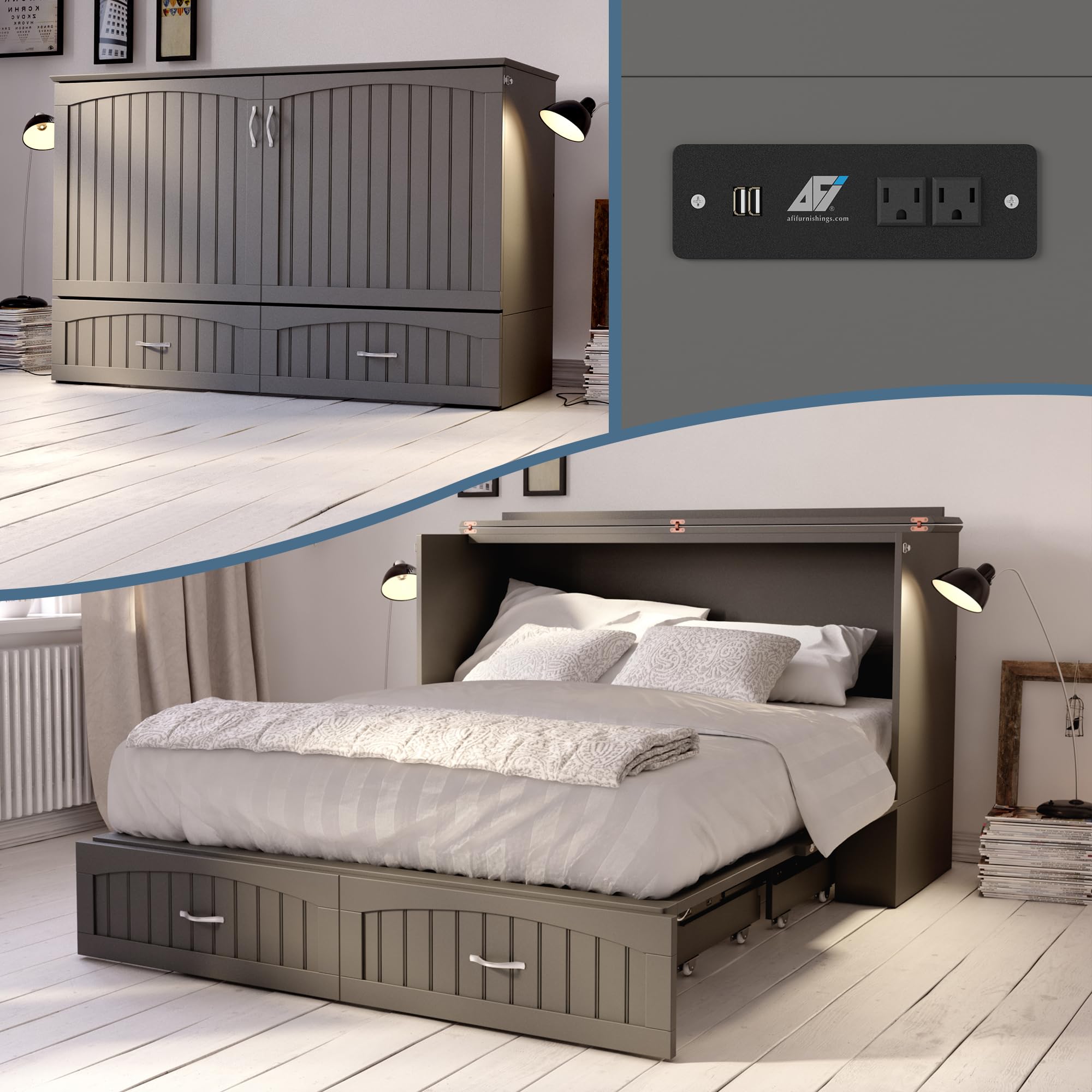 AFI Southampton Queen Murphy Bed Chest with Mattress, Storage, and Built-in Charger in Grey