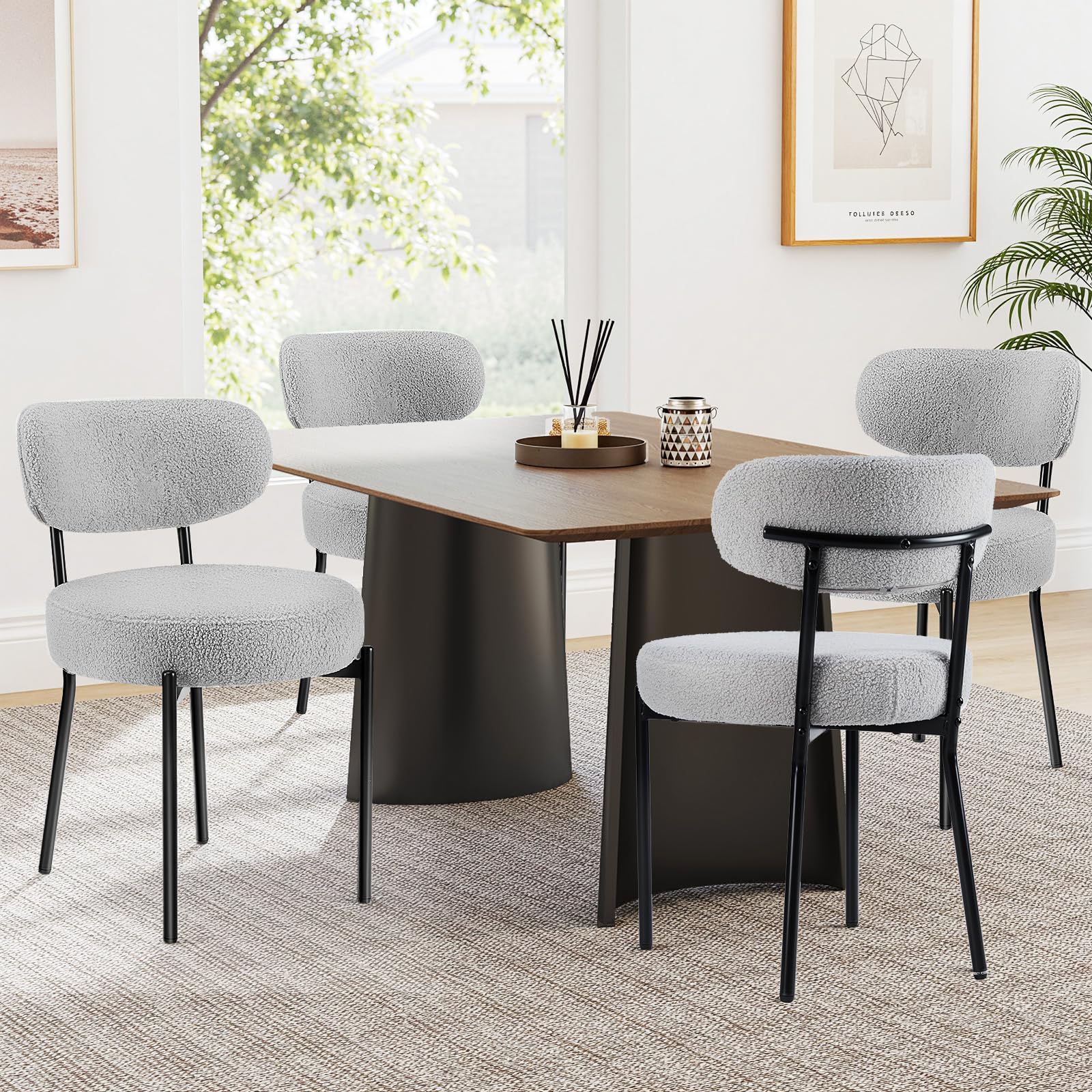 Sweetcrispy Dining Chairs Set of 4, Boucle Upholstered Modern Mid Century Round Kitchen Chairs with Curved Backrest & Metal Legs