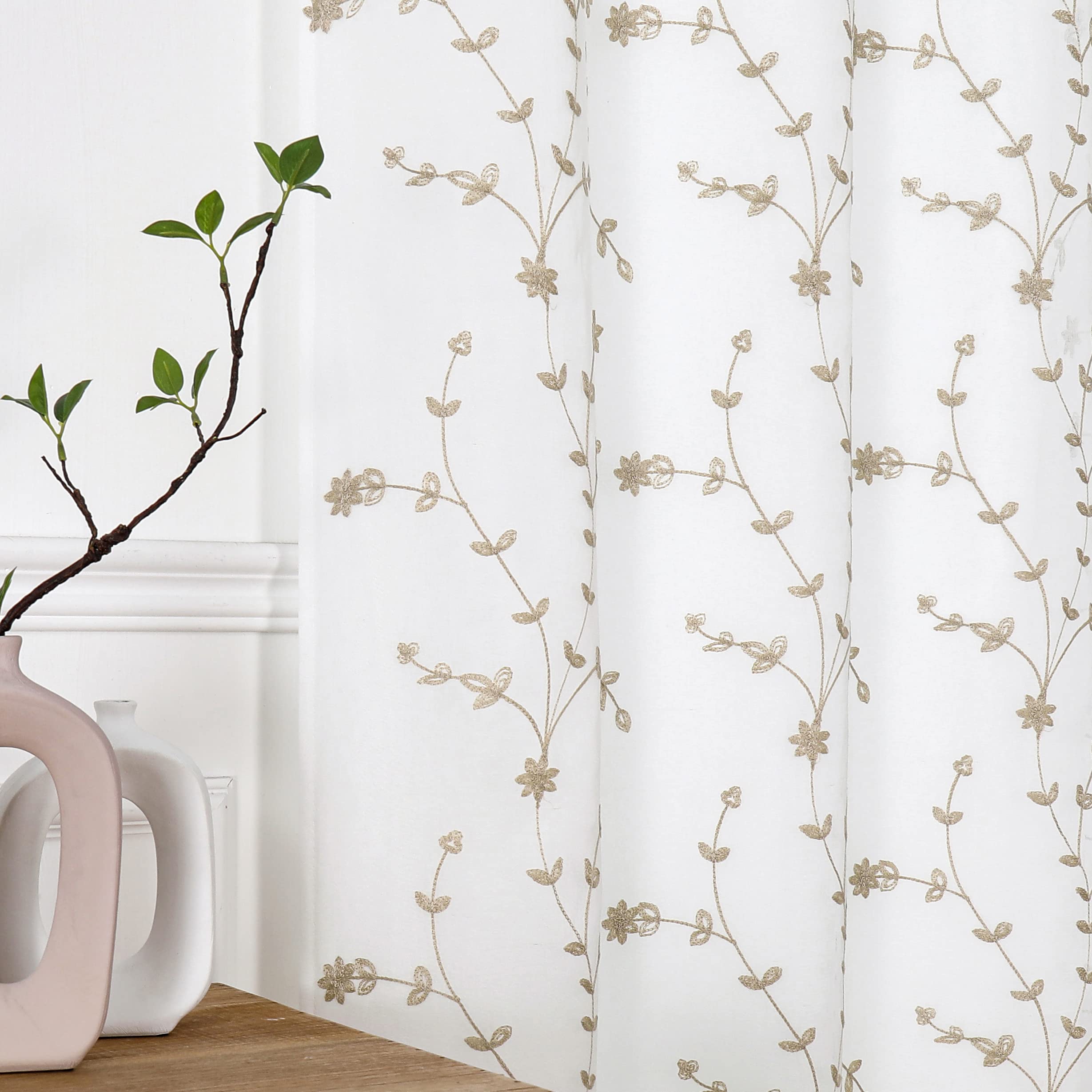 Bujasso White Beige Floral Semi Sheer Curtains 84 inch Embroidered Leaf Patterned Window Curtain Panels with Lined Farmhouse Lig
