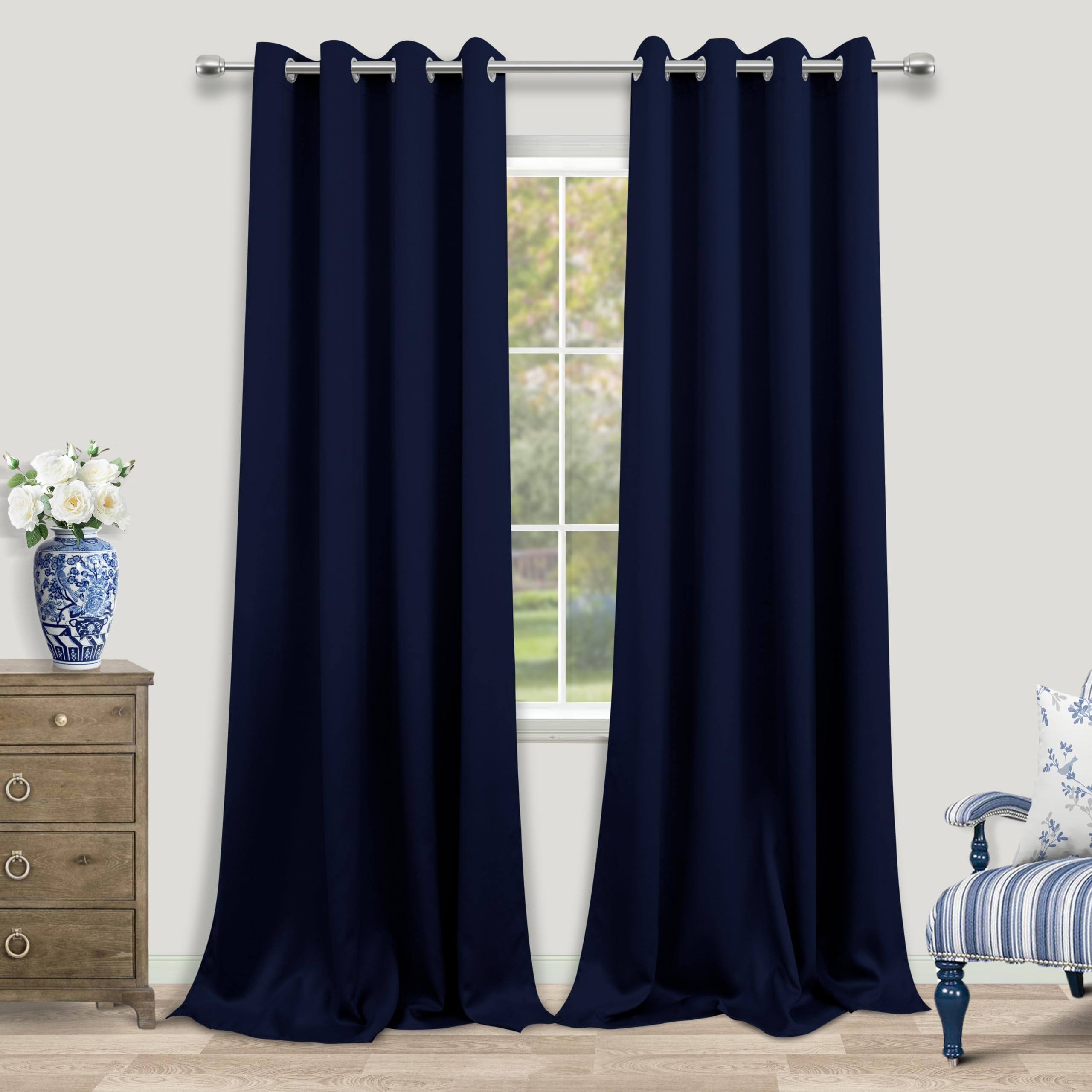 KOUFALL Blackout Curtains 108 Inches Long,Grommet Soft Satin Polyester Insulated Thermal Drapes 108 Inch Curtains,2 Panel Set,Bl