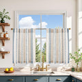 jinchan Boho Kitchen Curtains 24 Inch Linen Tier Curtains with Geometric Pattern Bohemian Cafe Small Light Filtering Window Trea