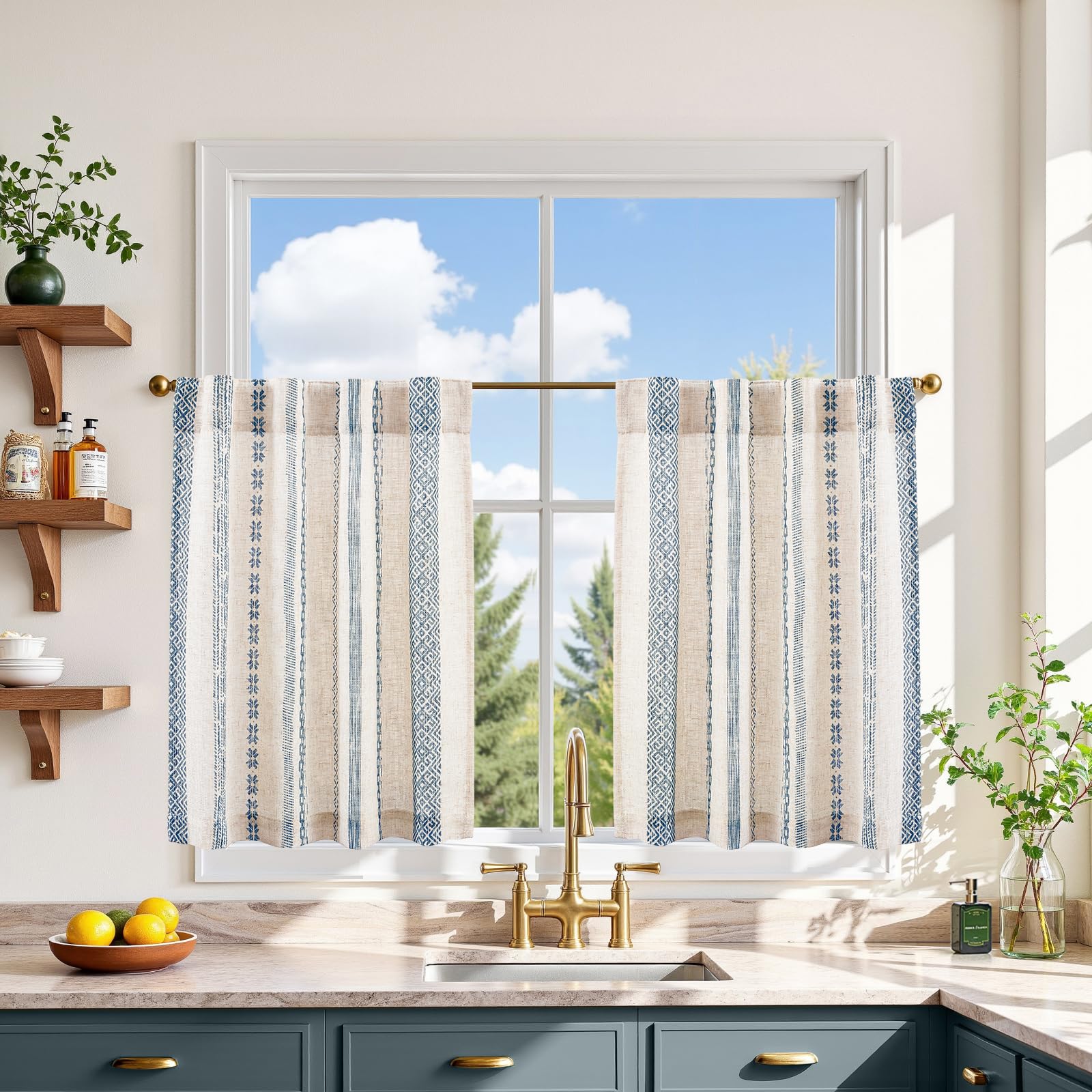 jinchan Boho Kitchen Curtains 24 Inch Linen Tier Curtains with Geometric Pattern Bohemian Cafe Small Light Filtering Window Trea
