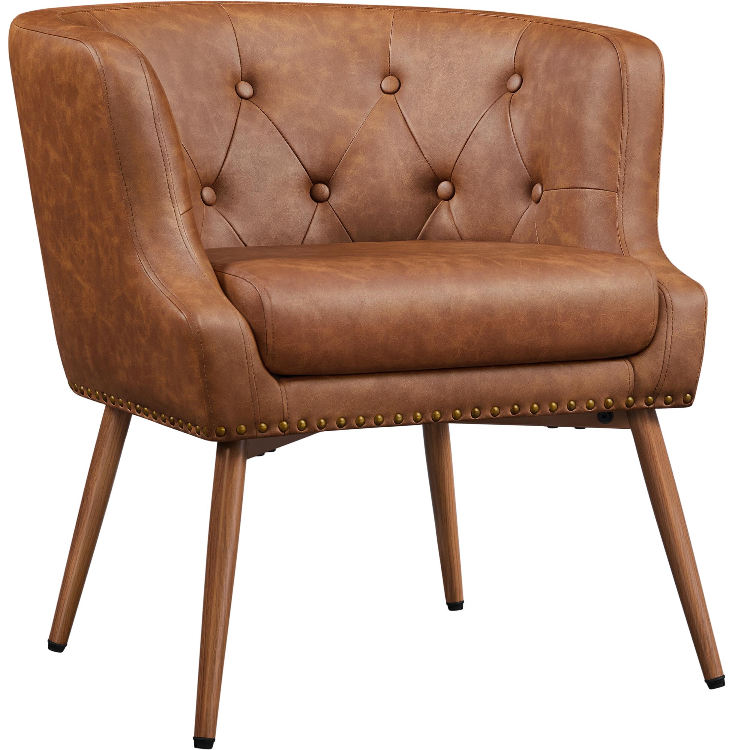 Yaheetech Modern Accent Chair, PU Leather Retro Armchair, Upholstered Barrel Chair with Metal Leg and Comfy Seat Cushion for Liv