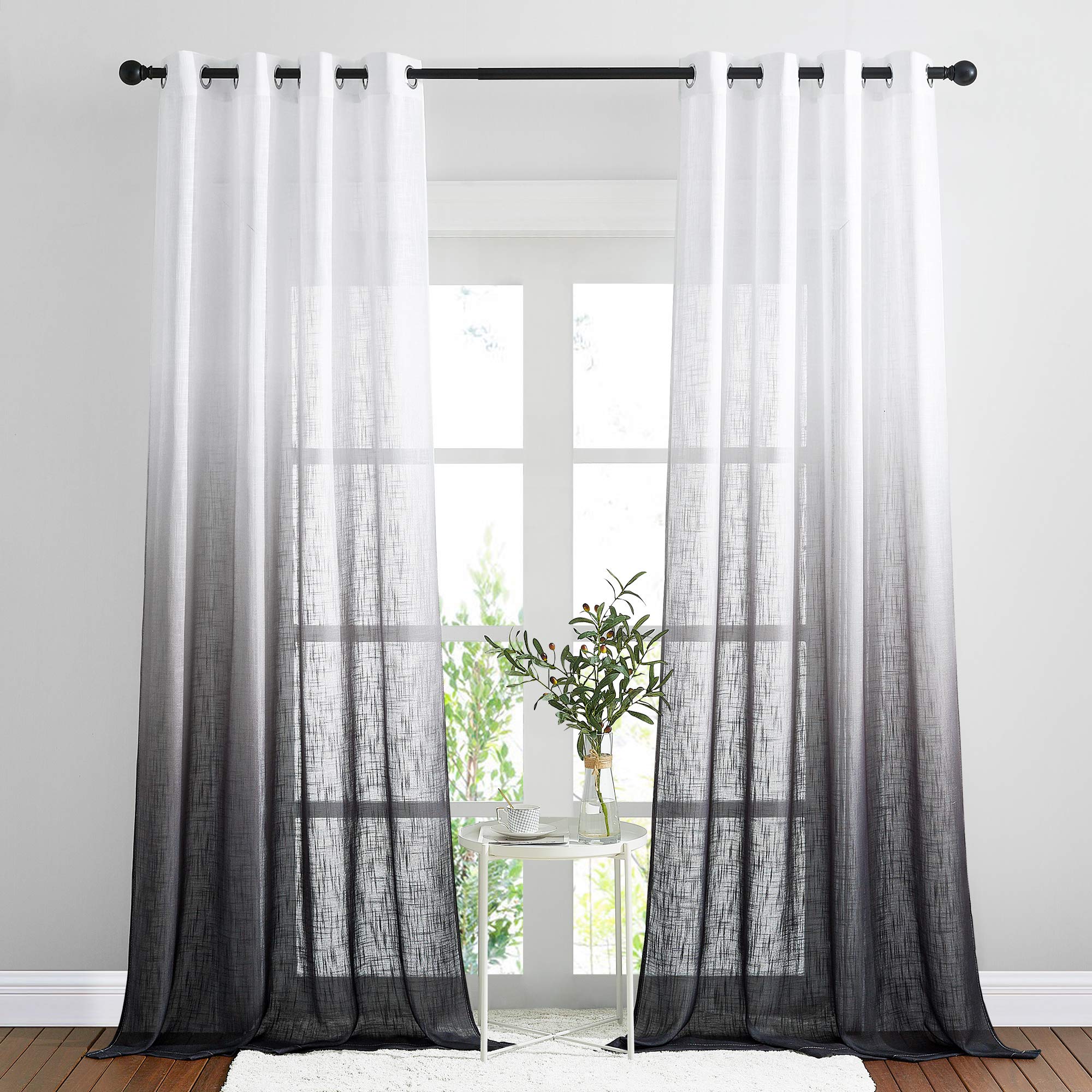 NICETOWN Black Ombre Sheer Linen Curtains for Bedroom, Grommet Two-Tone Gradient Color Semi Sheer Window Treatments Privacy with