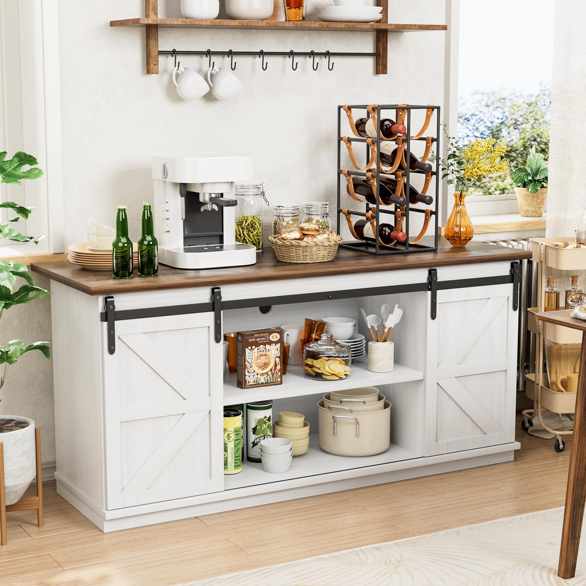 Shahoo Farmhouse Sideboard Buffet Cabinet, Coffee Bar Storage with Sliding Barn Doors, Shelf for Home Dining Room, 27.5 Height, 