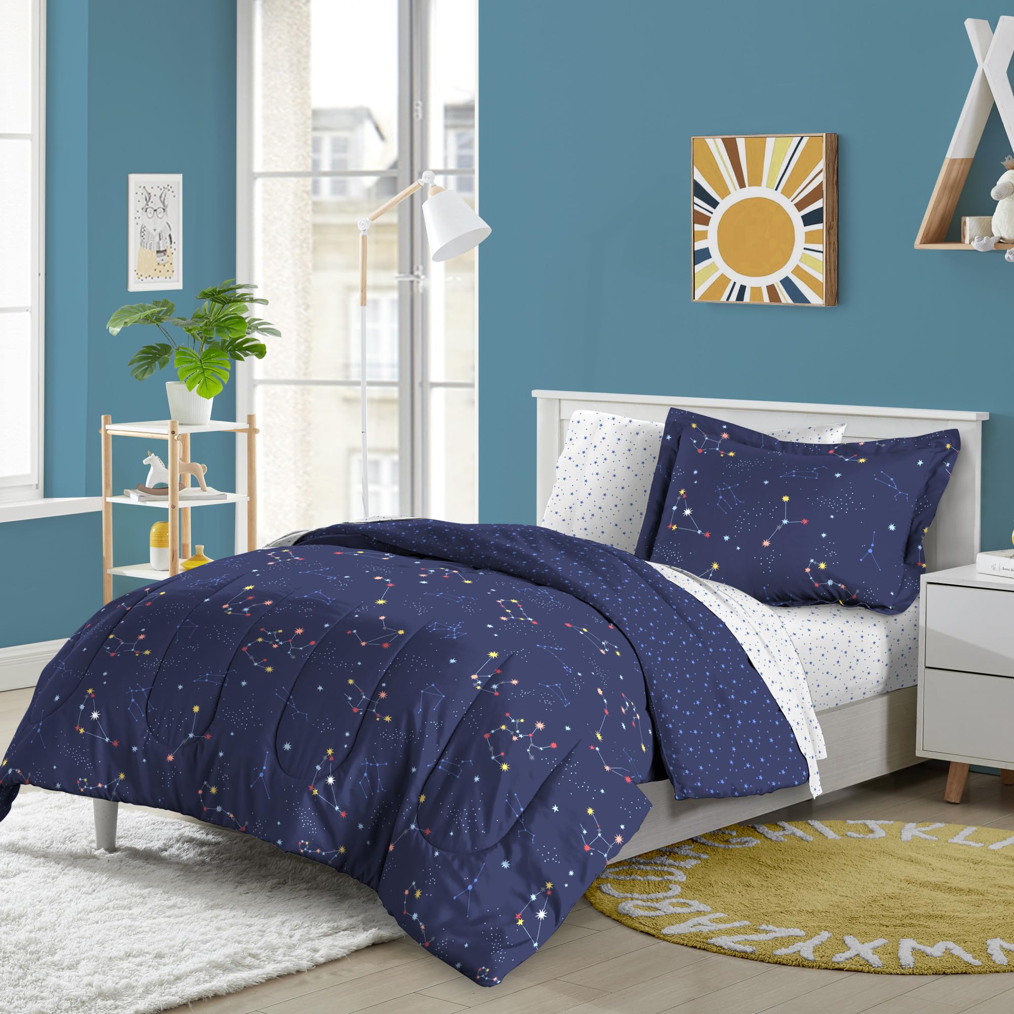 dream FACTORY Kids 5-Piece Complete Bed Set Easy-Wash Super Soft Microfiber Comforter Bedding, Twin, Navy Blue Zodiac