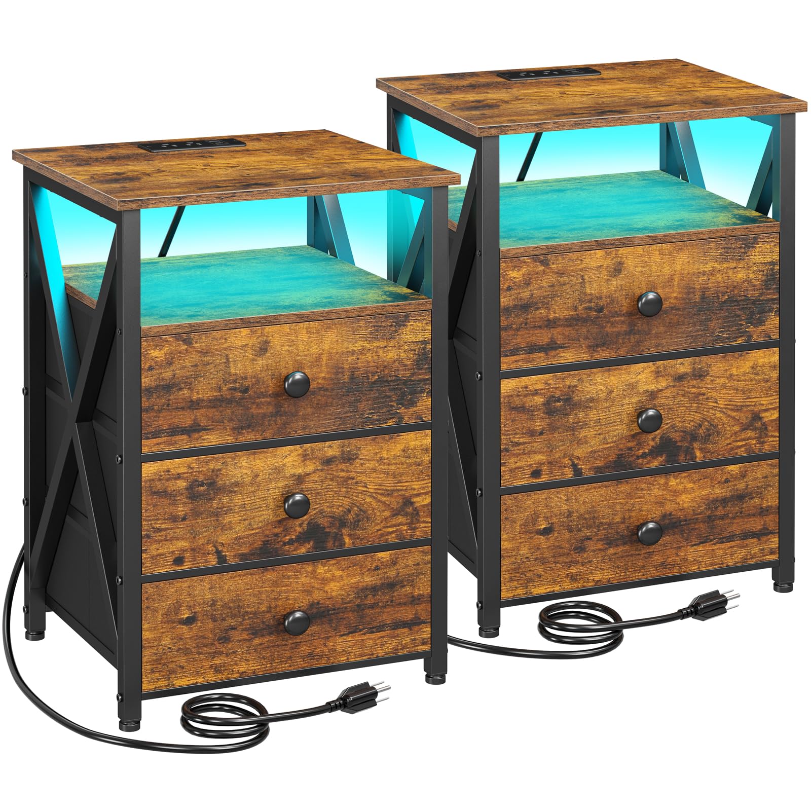 AMHANCIBLE Night Stand Set 2, LED Nightstand with Charging Station, End Side Tables with USB Port & Outlet, Bedside Tables with 