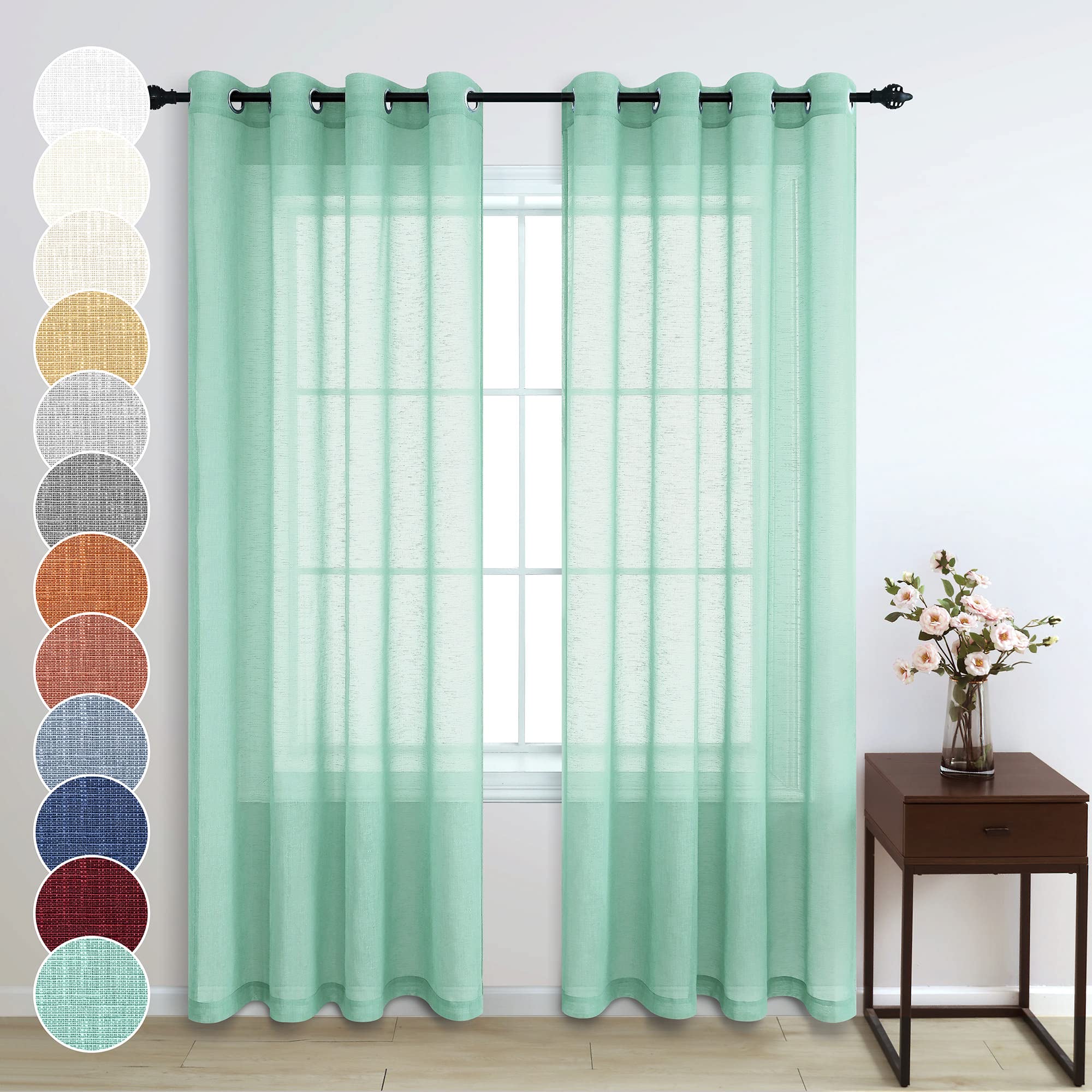 Mint Green Curtains 96 Inches Long for Living Room Set 2 Panels Grommet Window Coverings Linen Look Semi Sheer Aqua Seafoam Fres