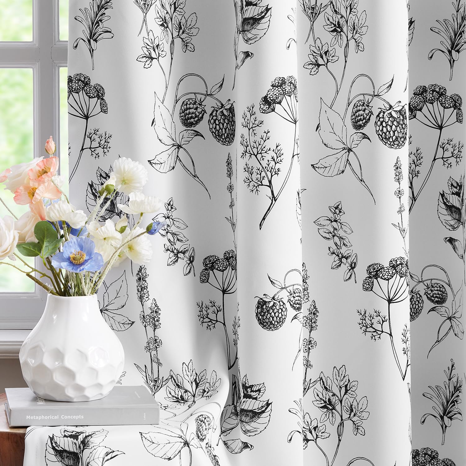 FMFUNCTEX 100% Blackout Floral Curtains 96 Inches Long for Bedroom Black and White Leaf Drapes for Living Room, Farmhouse Rod Po