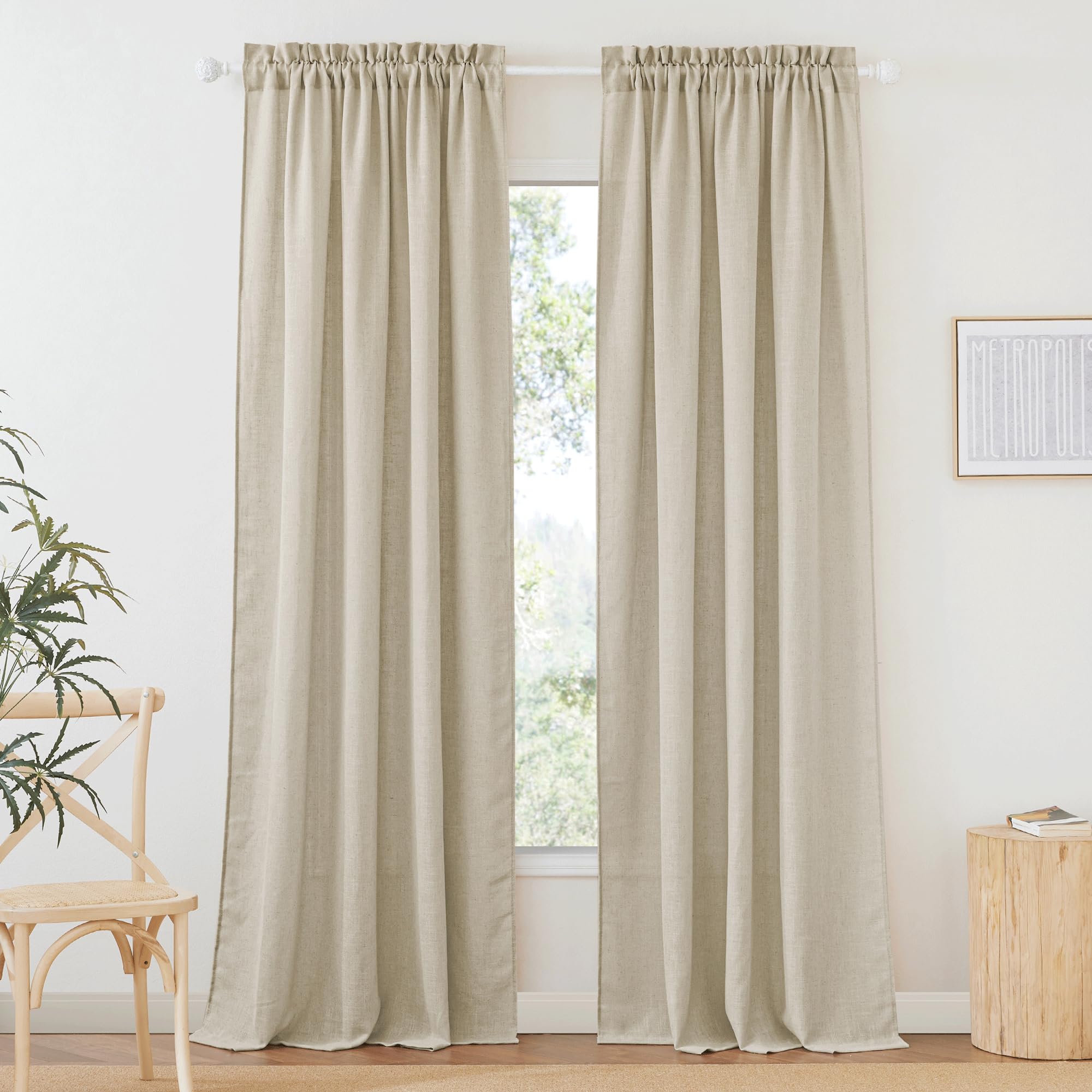 RYB HOME Semi Sheer Curtains 84 incehs, Rod Pocket for Living Room Bedroom Office Dining, Beige, W 52 x L 84, 2 Panels