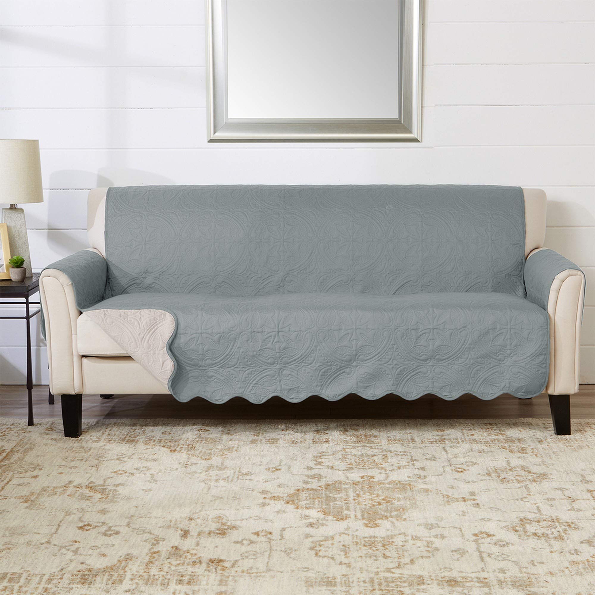 Medallion Stitched Solid Furniture Protector Stain Resistant Durable Furniture Protector Elenor Collection (Sofa, Mirage Gray/Fl