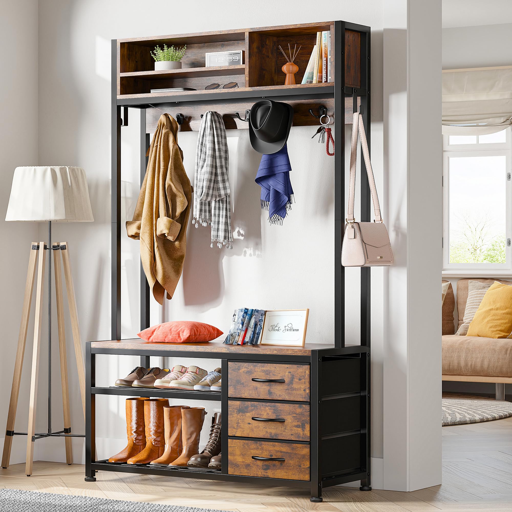 Raybee Hall Tree with Bench and Shoe Storage, Coat Rack Freestanding with 3 Drawers, Entryway Bench with Shoe Storage, Hall Tree