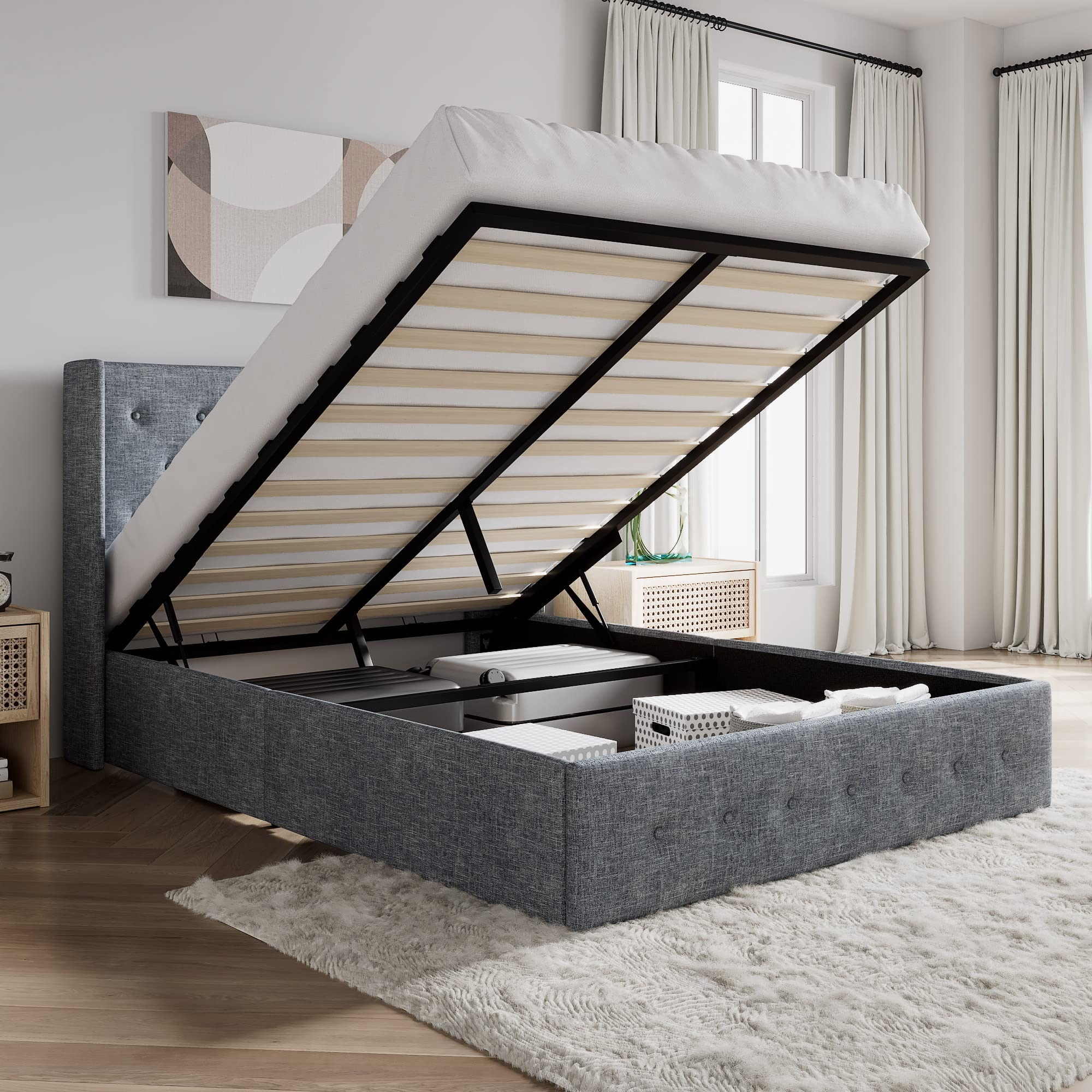 SHA CERLIN Full Size Lift Up Storage Bed/Button Tufted Wingback Headboard/Hydraulic Storage/Upholstered Platform Bed Frame/No Bo