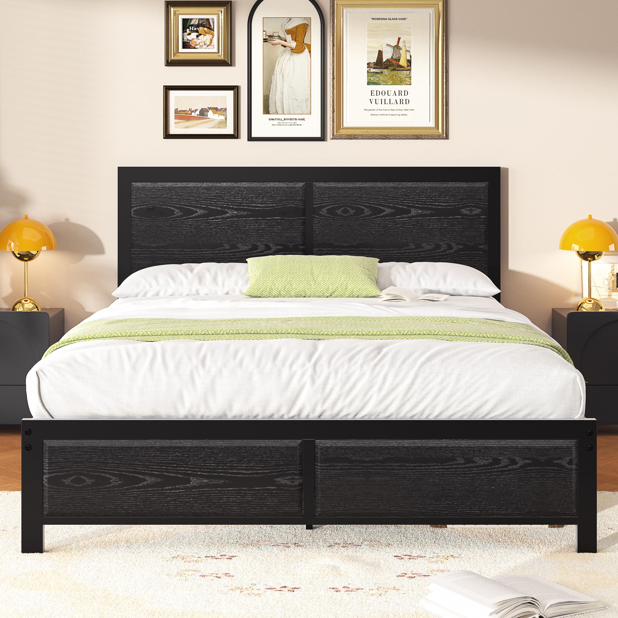 VECELO Full Size Bed Frame with Black Wood Headboard and Footboard, 14 Inch Platform Mattress Foundation, No Box Spring Needed, 