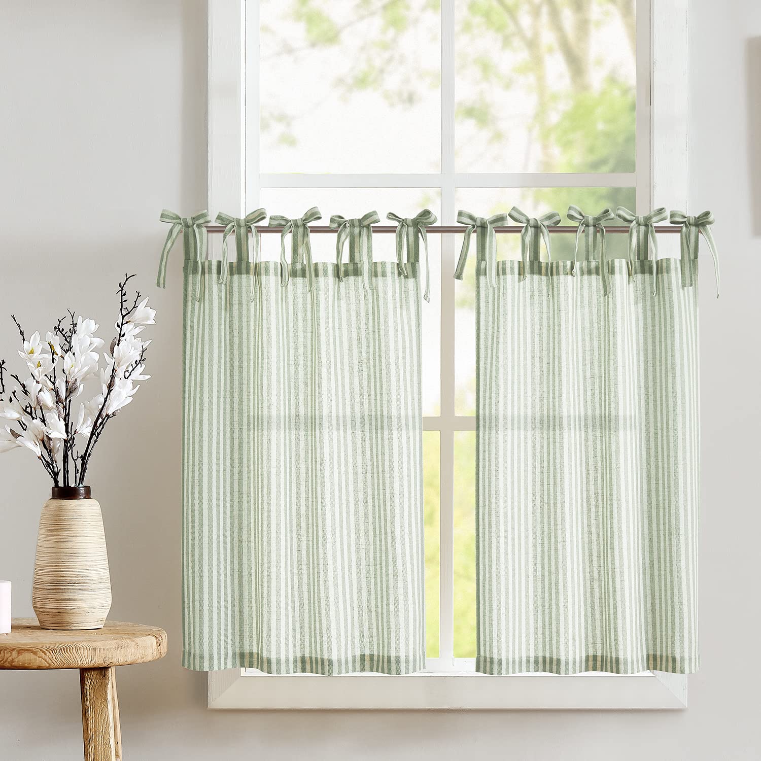 jinchan Kitchen Curtains Striped Tie Top Linen Tier Curtains 24 Inch Length Short Curtains for Bedroom Living Room Bathroom Farm