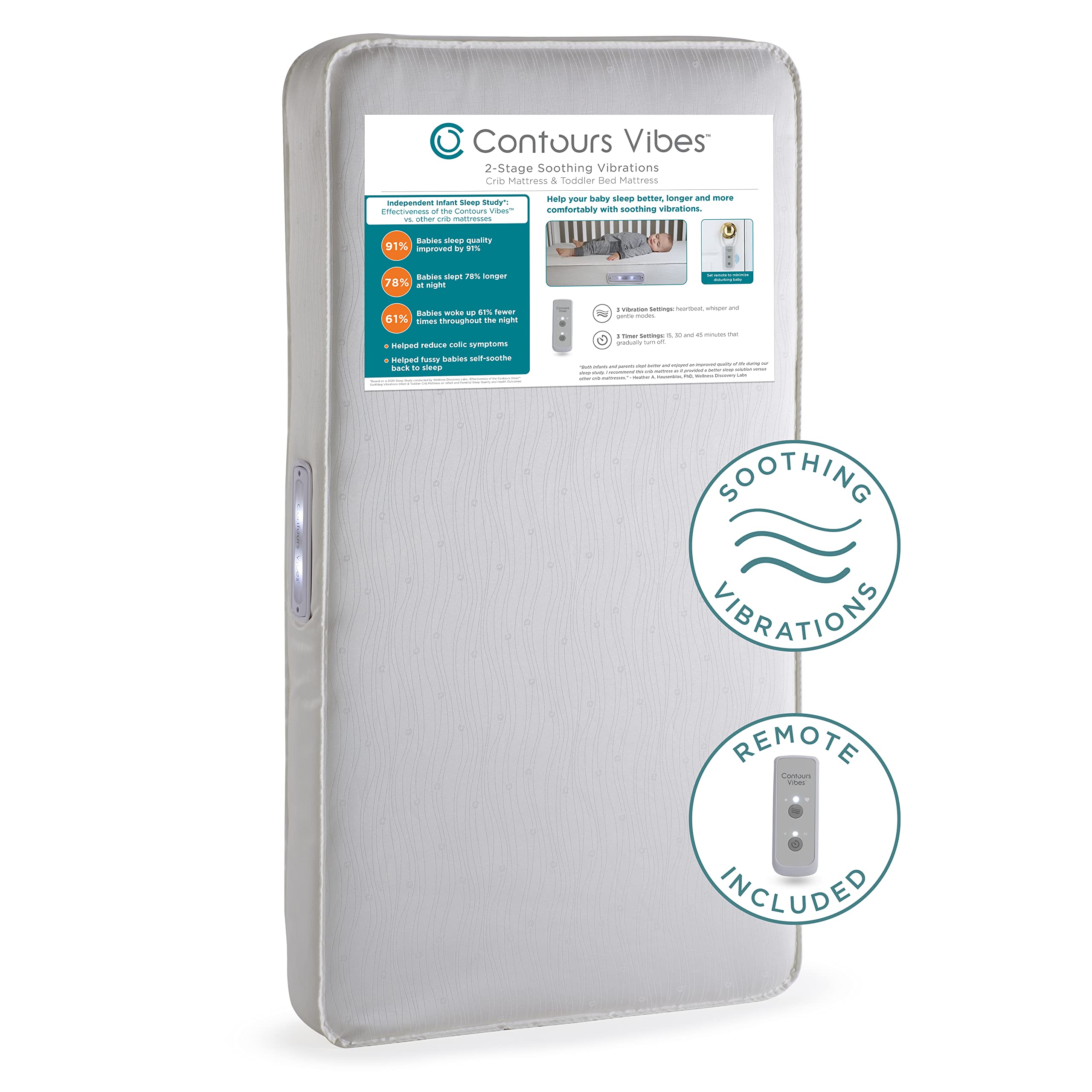 Contours Vibes Soothing Vibrations Breathable 2 Stage Waterproof Baby Crib Mattress plus Toddler Bed Fit, Vibrating Soother, GRE