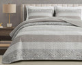 Chezmoi Collection Robyn 3-Piece Neutral Taupe Gray White Floral Hibiscus Flower Patchwork Striped Quilt Set - Pre-Washed Cotton