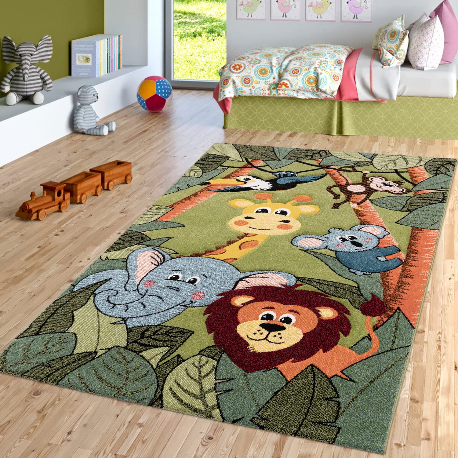 Paco Home Kids Rug for Nursery with Jungle Animals in Green, Size: 47 x 67