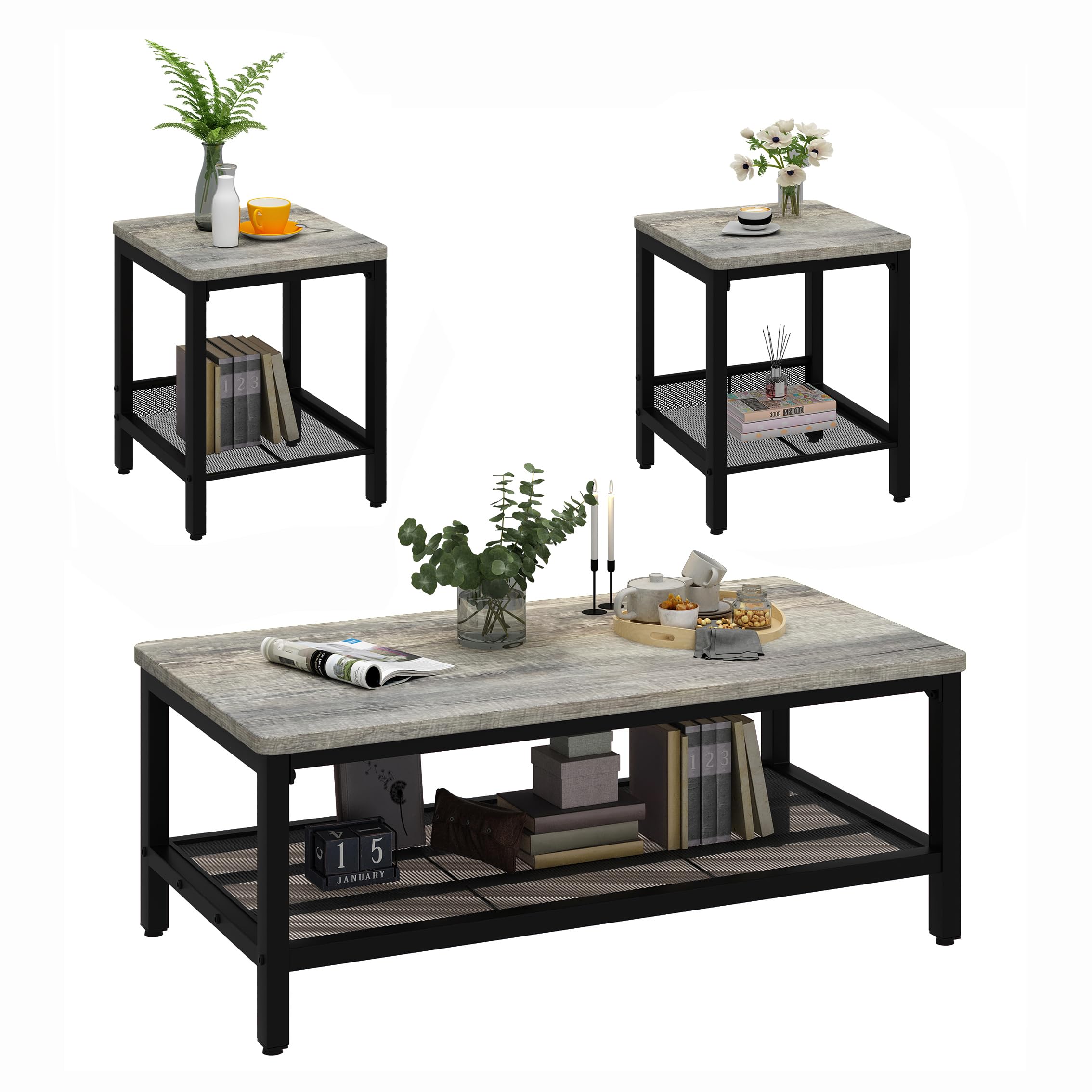 AWQM Coffee Table Set of 3, Industrial Coffee Table with 2 Square End Side Tables, Modern Living Room Table Set with Metal Frame