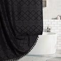 Boho Black Woven Fabric Shower Curtain with Tassels 60 x 72 Modern Farmhouse Minimalist, Tufted Chevron Striped Shabby Chic Text