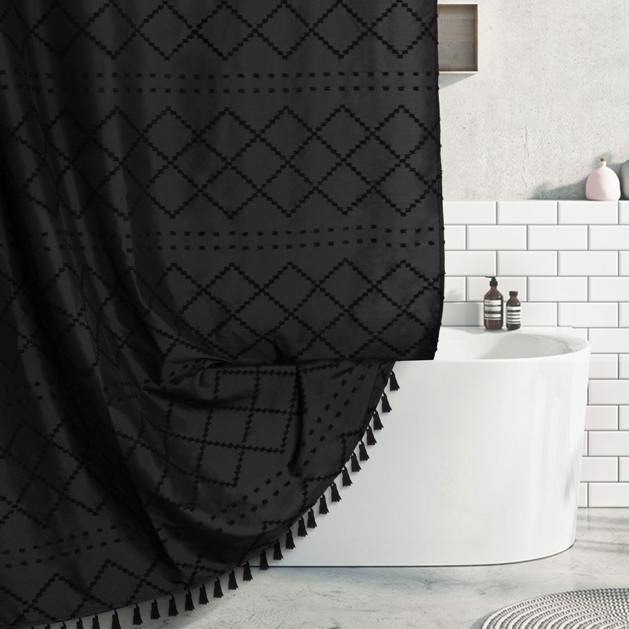 Boho Black Woven Fabric Shower Curtain with Tassels 60 x 72 Modern Farmhouse Minimalist, Tufted Chevron Striped Shabby Chic Text