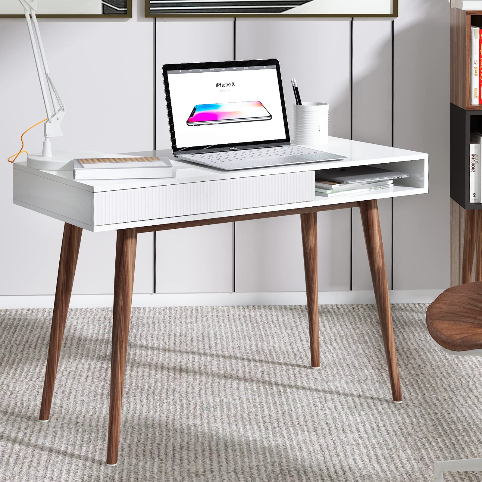 Arts wish White Writing Desk with Drawers Mid Century Modern Desk, Wood Office Desk Computer Desk Vanity Desk for Small Space, W