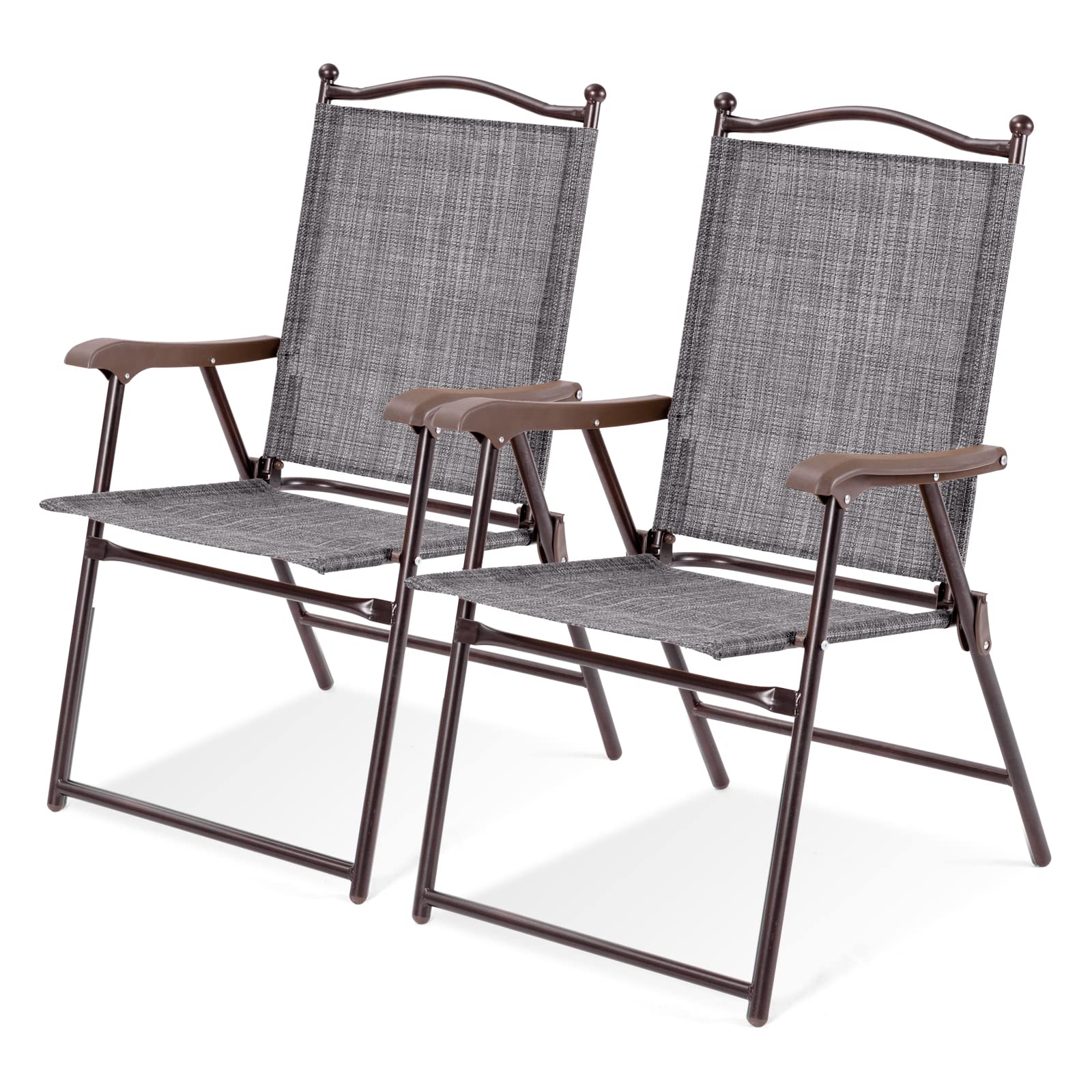 Tangkula Set of 2 Patio Folding Dining Chairs, Outdoor Sling Lawn Chairs with Armrests, Steel Frame, Portable Camping Lounge Cha