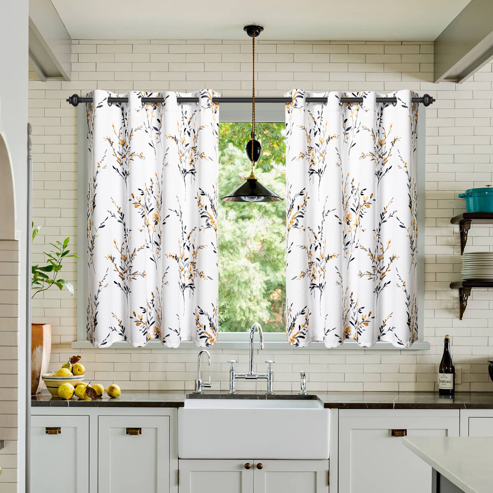 MYSKY HOME Kitchen Curtains Short 45 Inch Length Floral Pattern Decorative Light Filtering Window Treatment for Bathroom Living 