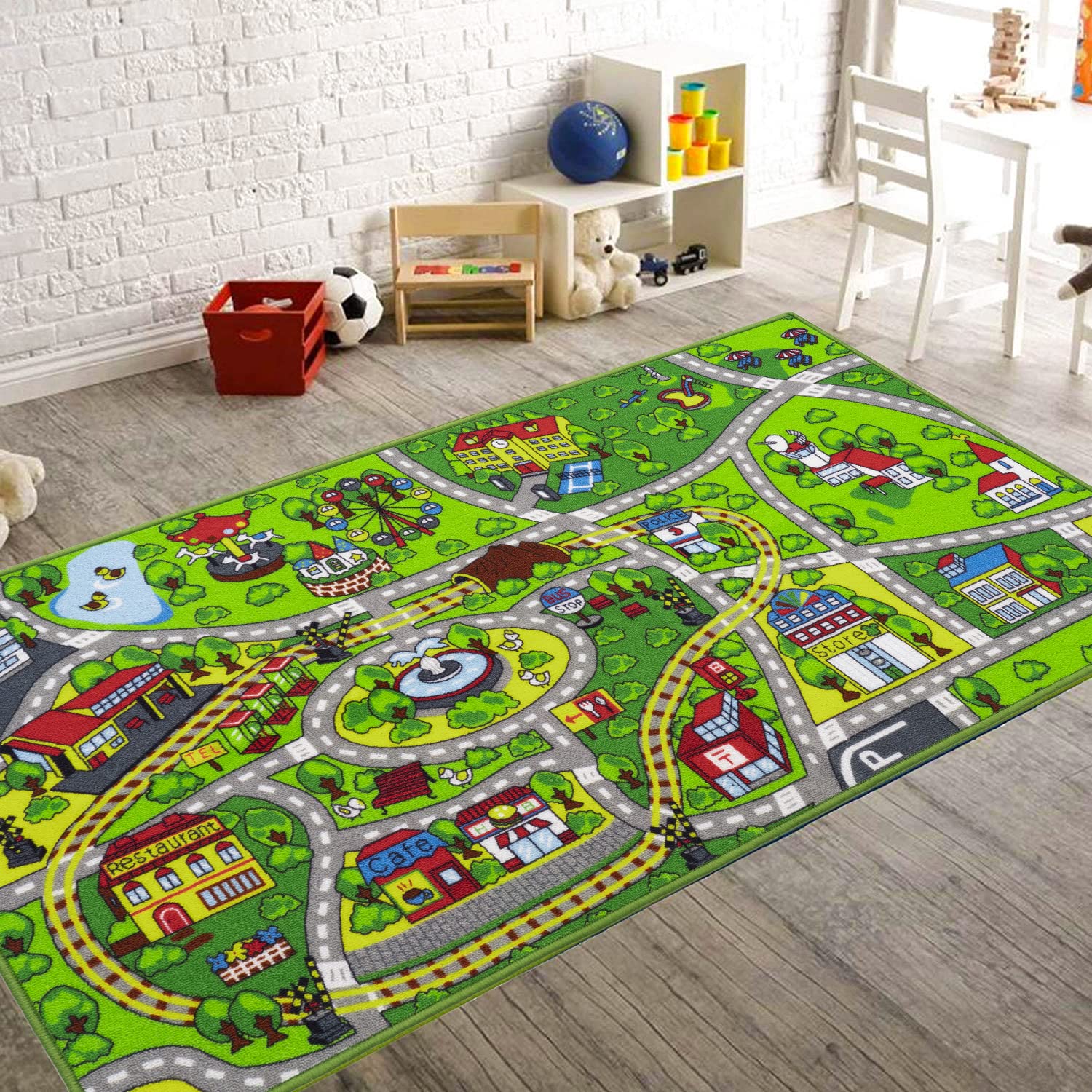 Booooom Jackson Kids Car Carpet Playmat Rug 60x32,Train Car Rug,Car Mat for Kids Toy Cars,City Kids Car Rug Play Mat,Non Slip Ki