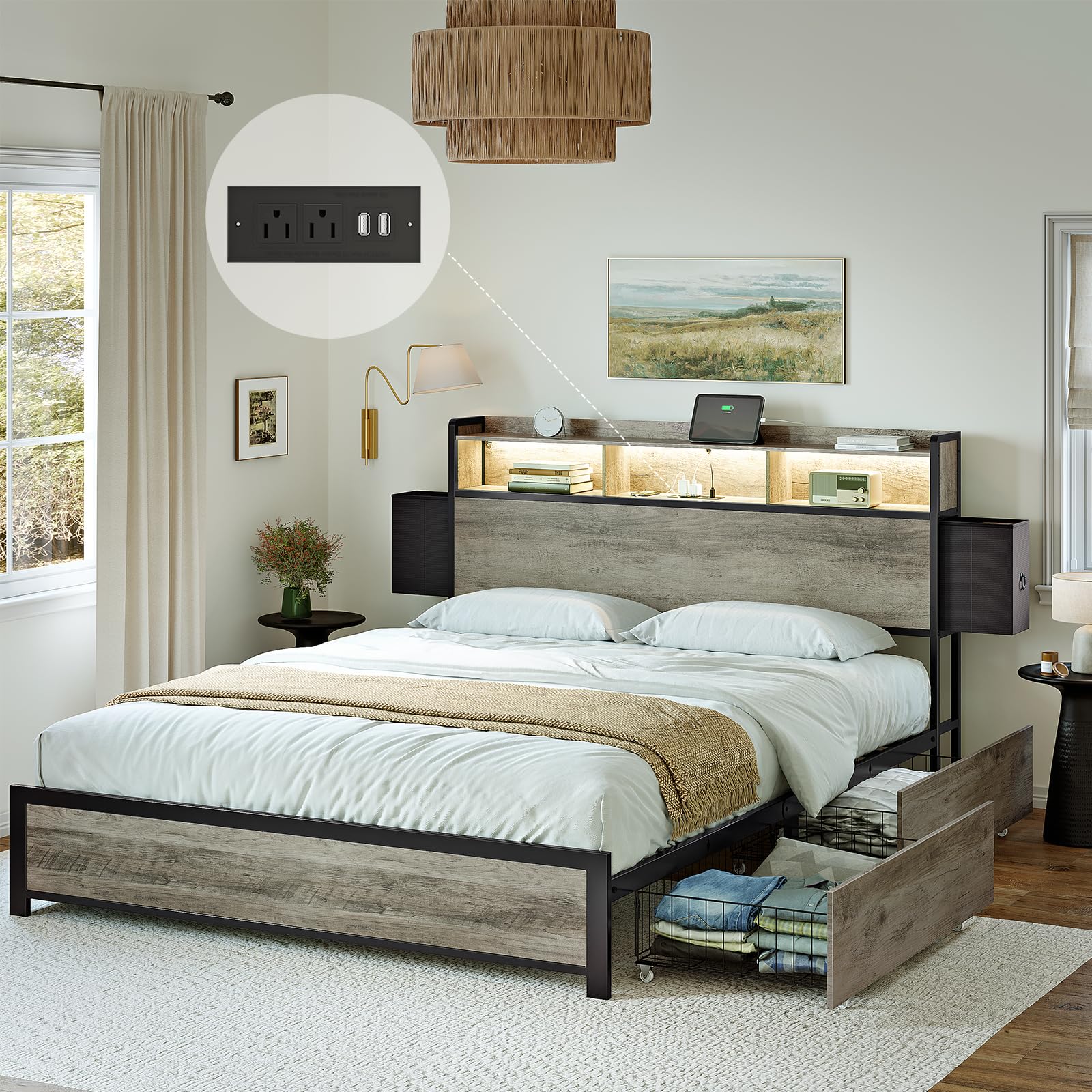 HAUSOURCE Full Bed Frame with Bookcase Headboard and 2 Drawers LED Lights Metal Platform Non-Slip Without Noise Strong Metal Sla