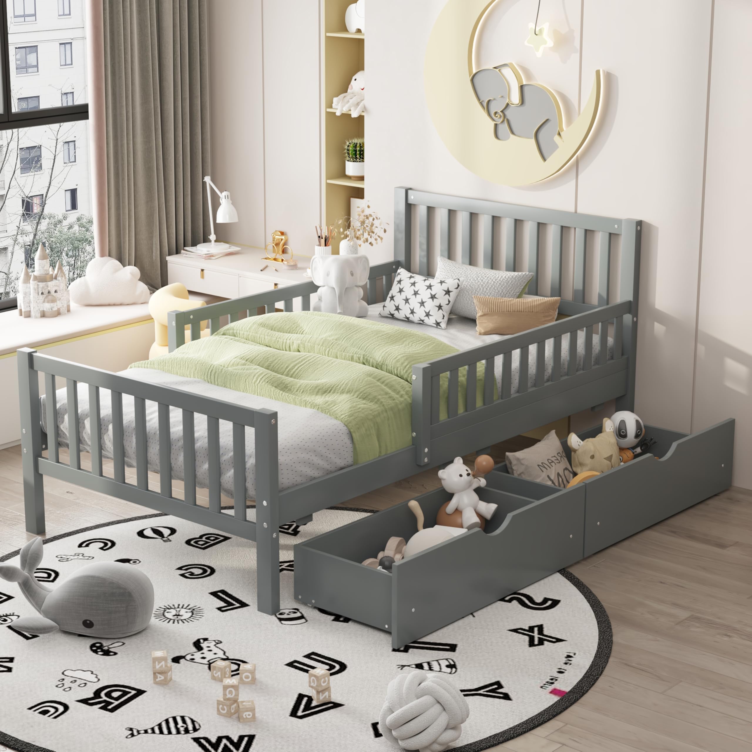 Merax Twin Size Platform Bed with 2 Storage Drawers and Both Sides Guardrails, Wood Bed Frame for Bedroom, Guestroom, No Box Spr