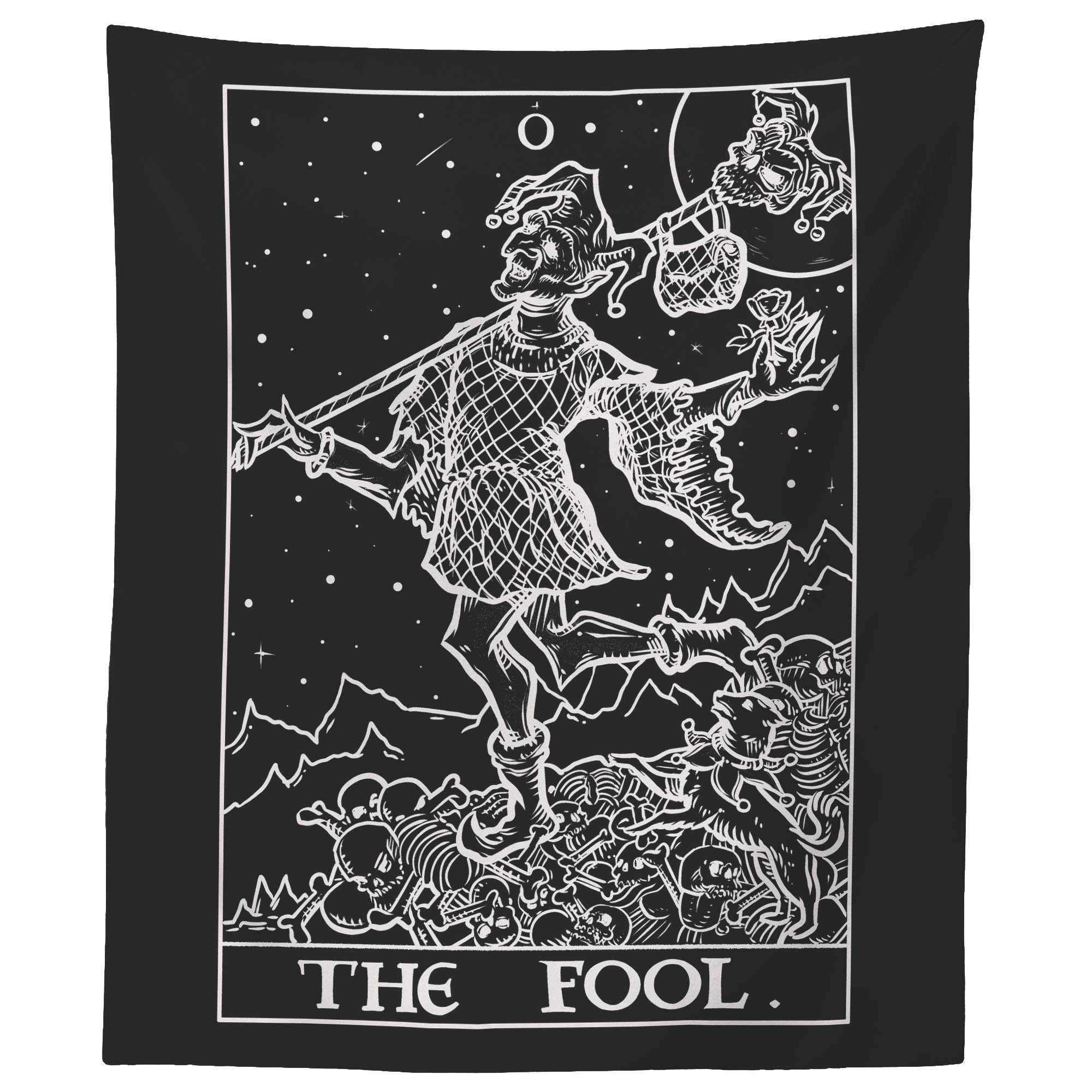 The Fool Tarot Card Tapestry (Black & White) - Court Jester - Gothic Halloween Home Decor Wall Hanging (60 x 50)