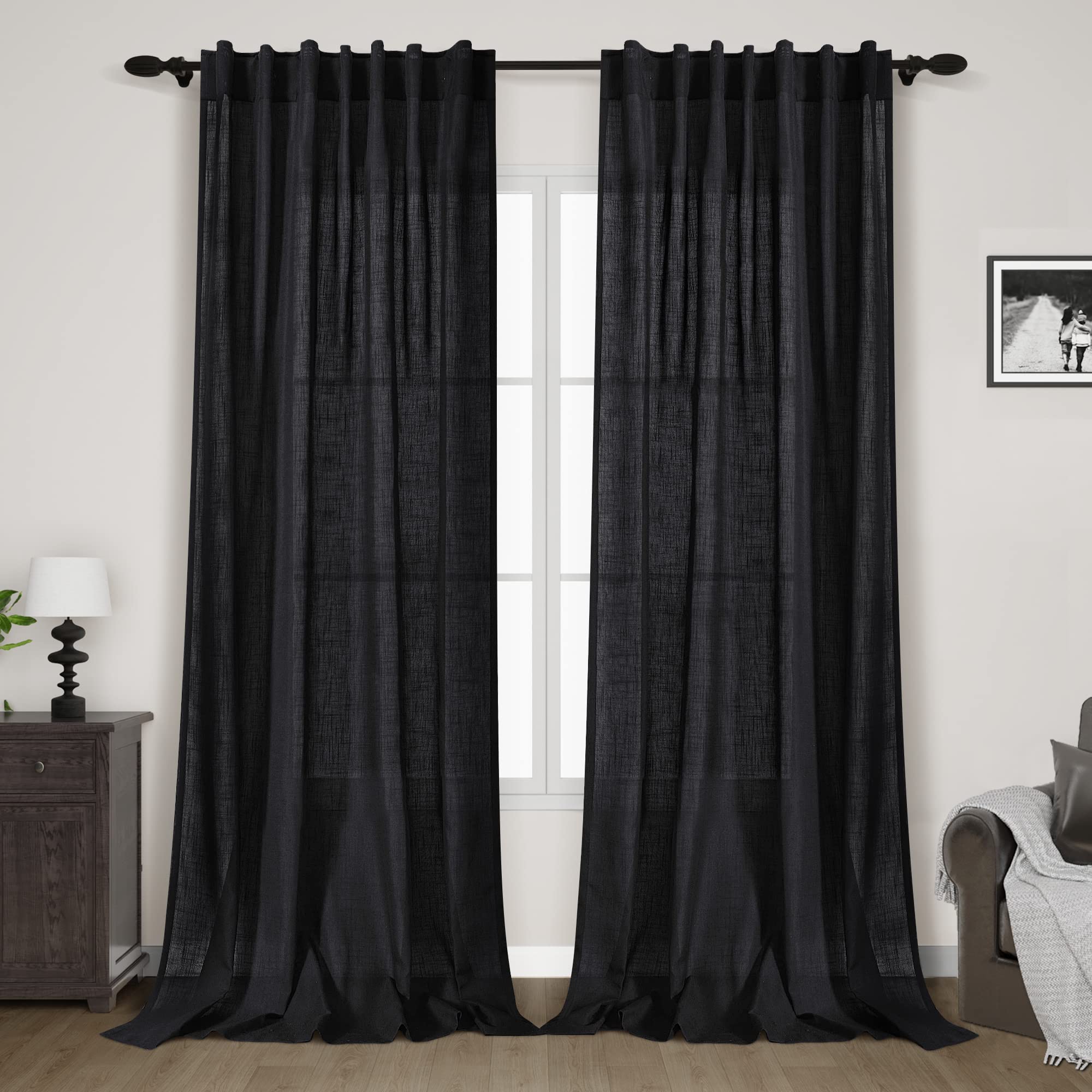 Navy Blue Linen Curtains 96 inches Long for Bedroom Back Tab Light Filtering Privacy Sheer Blue Curtains Boho Farmhouse Nautical