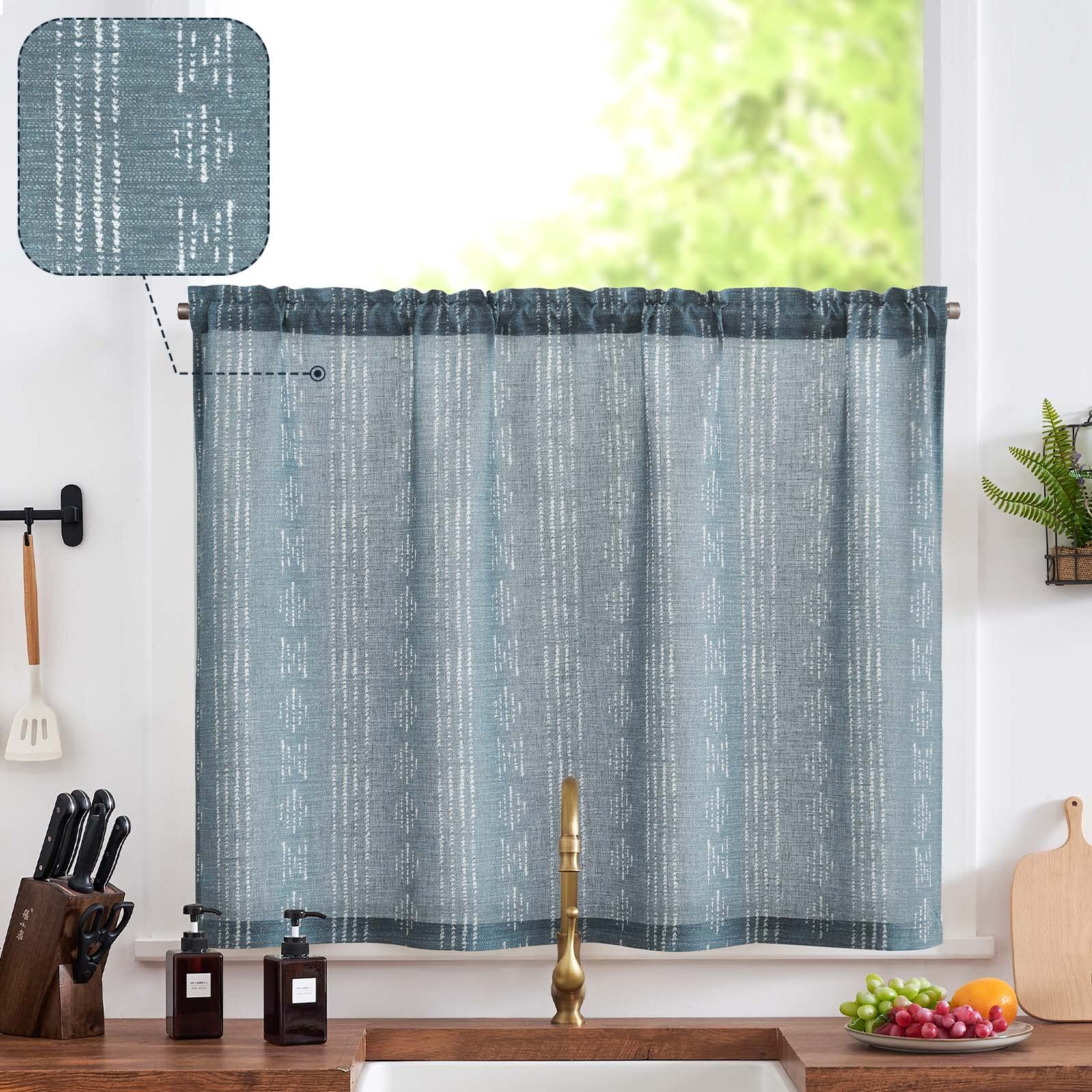 jinchan Boho Kitchen Curtain Linen Tier Curtain Bohemian Cafe Curtain 36 Inch Geometric Striped Small Window Curtain Rod Pocket 