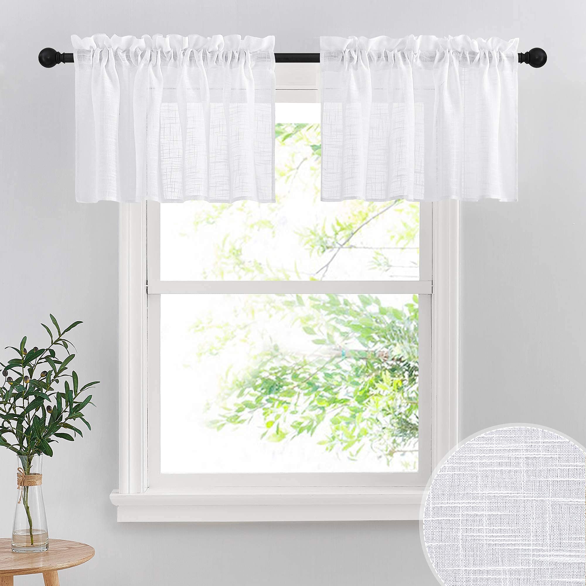 RYB HOME Linen Textured White Curtains Sheer Window Toppers Valances Semi-Sheer Drapes for Kitchen Bedroom Small Window Decor Ca