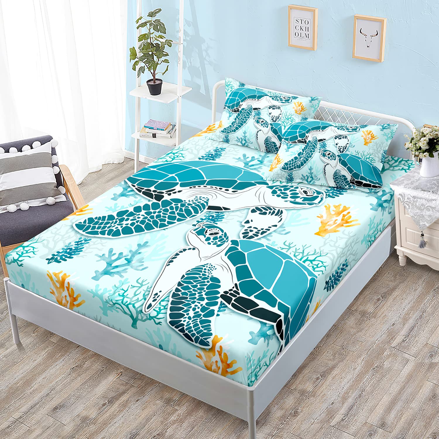HOSIMA Sea Turtle Bedding Set,Coastal Beach Themed Bedroom Fitted Sheet Queen Size for Kids Teen Girls Boys Room Decor,1 Fitted 