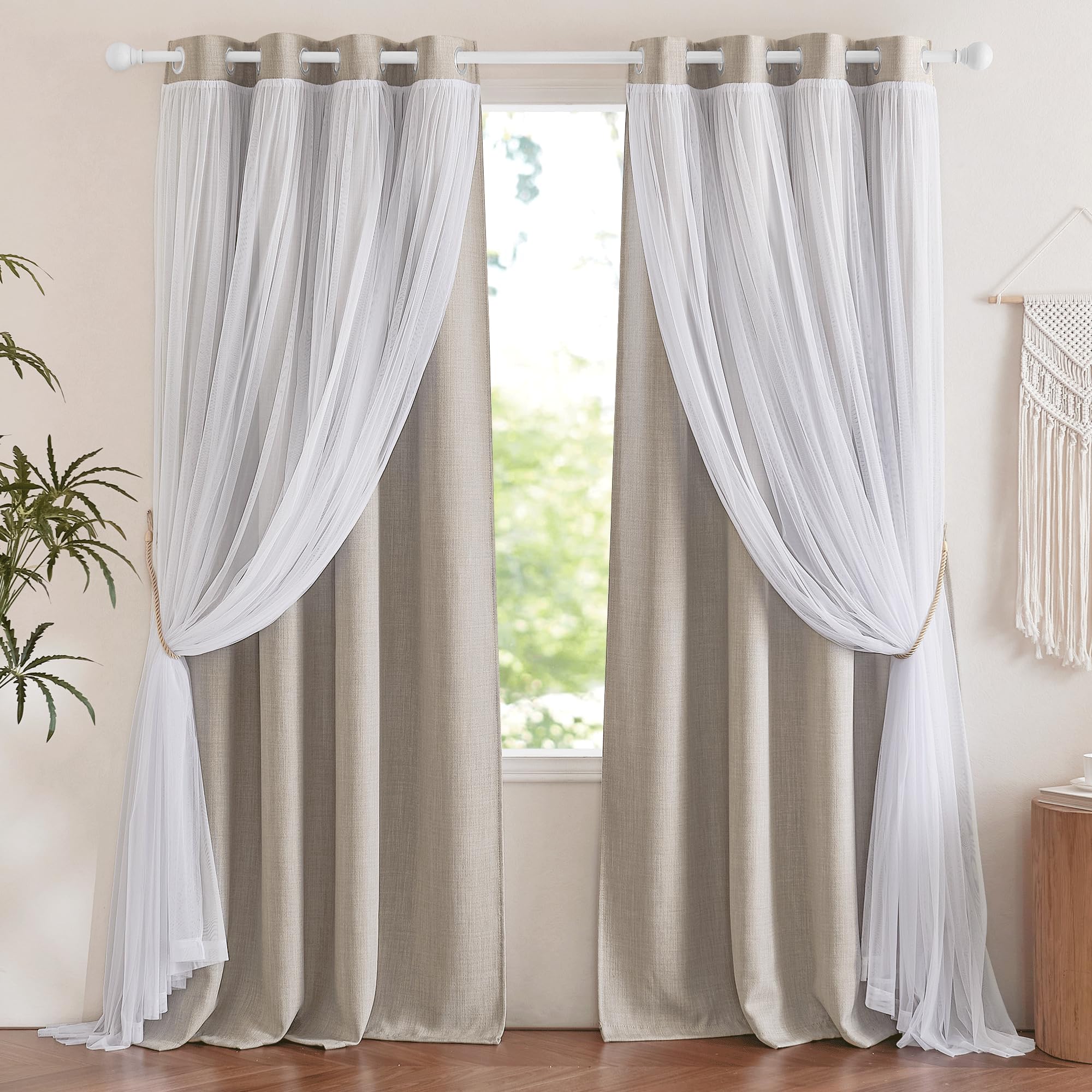 NICETOWN Faux Linen Blackout Curtains with Sheer Overly 84 inch Long for Living Room Bedroom, Grommet Thermal Insulated Curtain 