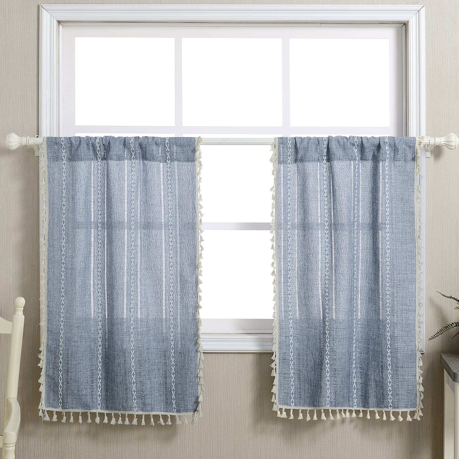RoomTalks Boho Kitchen Curtains 36 Inch Length French Striped Farmhouse Vintage Chic Cottage Tassel Short Cafe Curtains for Smal