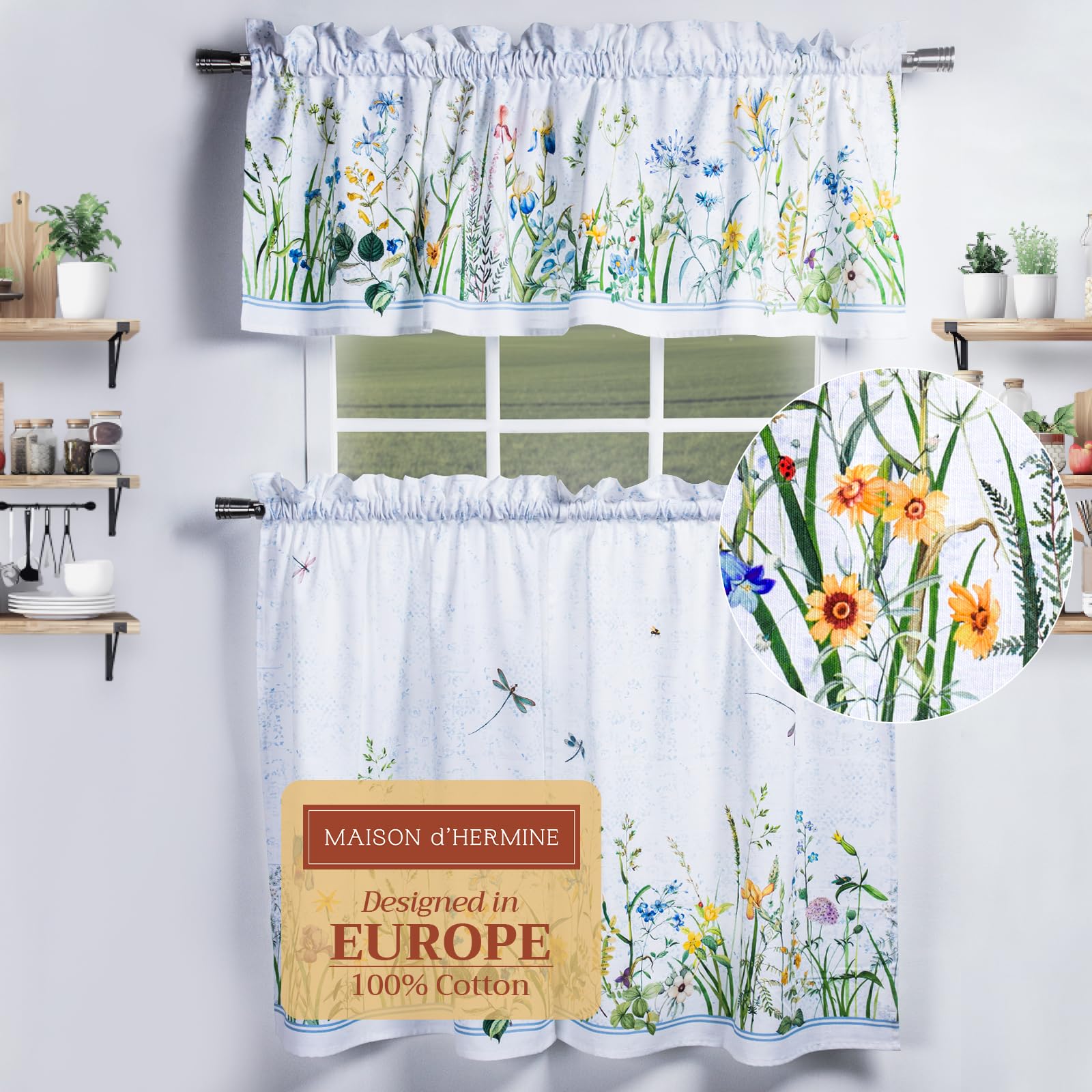 Maison d Hermine Fleurs De Mai 100% Cotton Set of 3 Kitchen Window Curtain for Cafe Kitchen Bedroom Home [2 Tiers (28X36) and 1