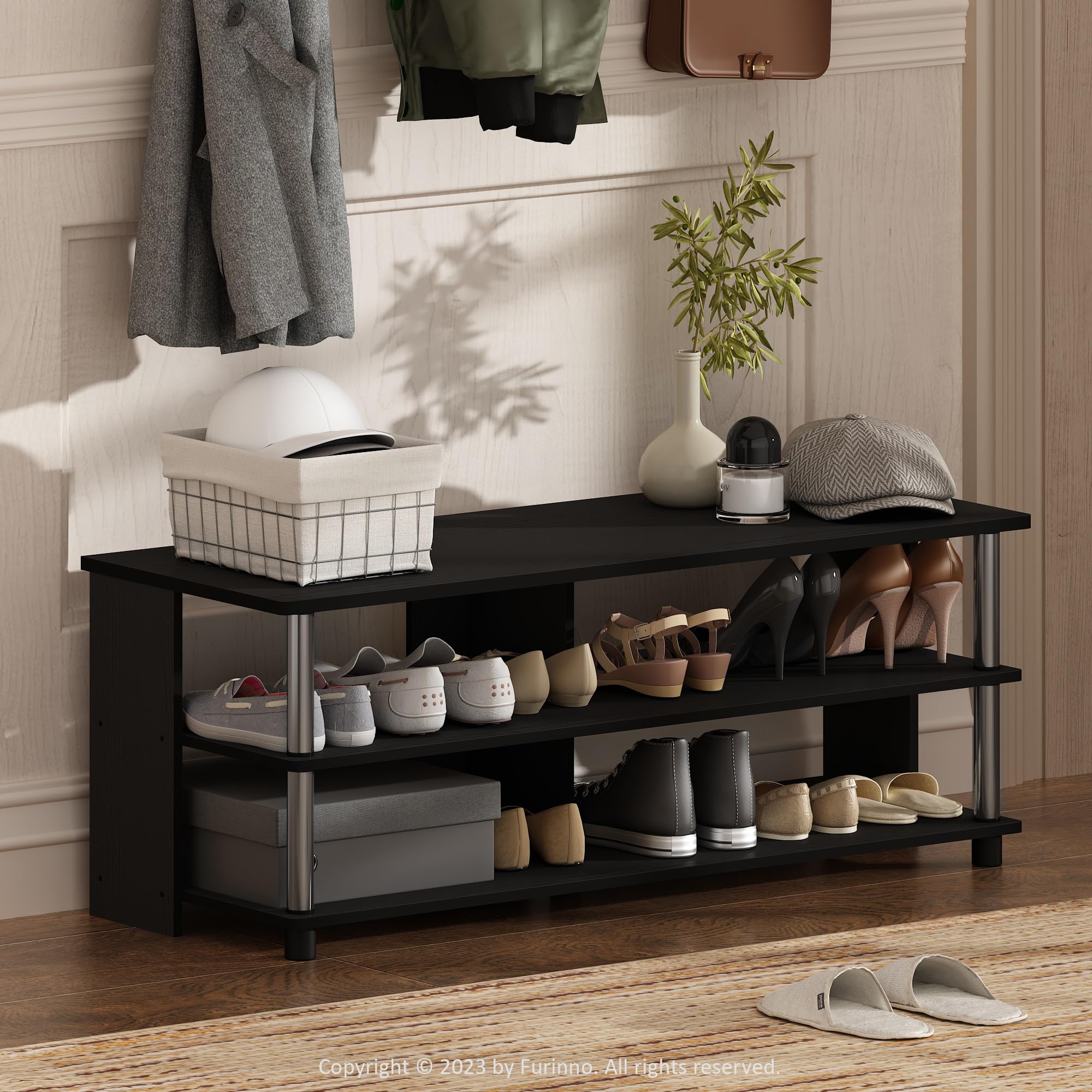 Furinno Turn-N-Tube 3-Tier Compact Open Storage Shoe Rack for Closet Entryway, Americano/Stainless Steel Tubes