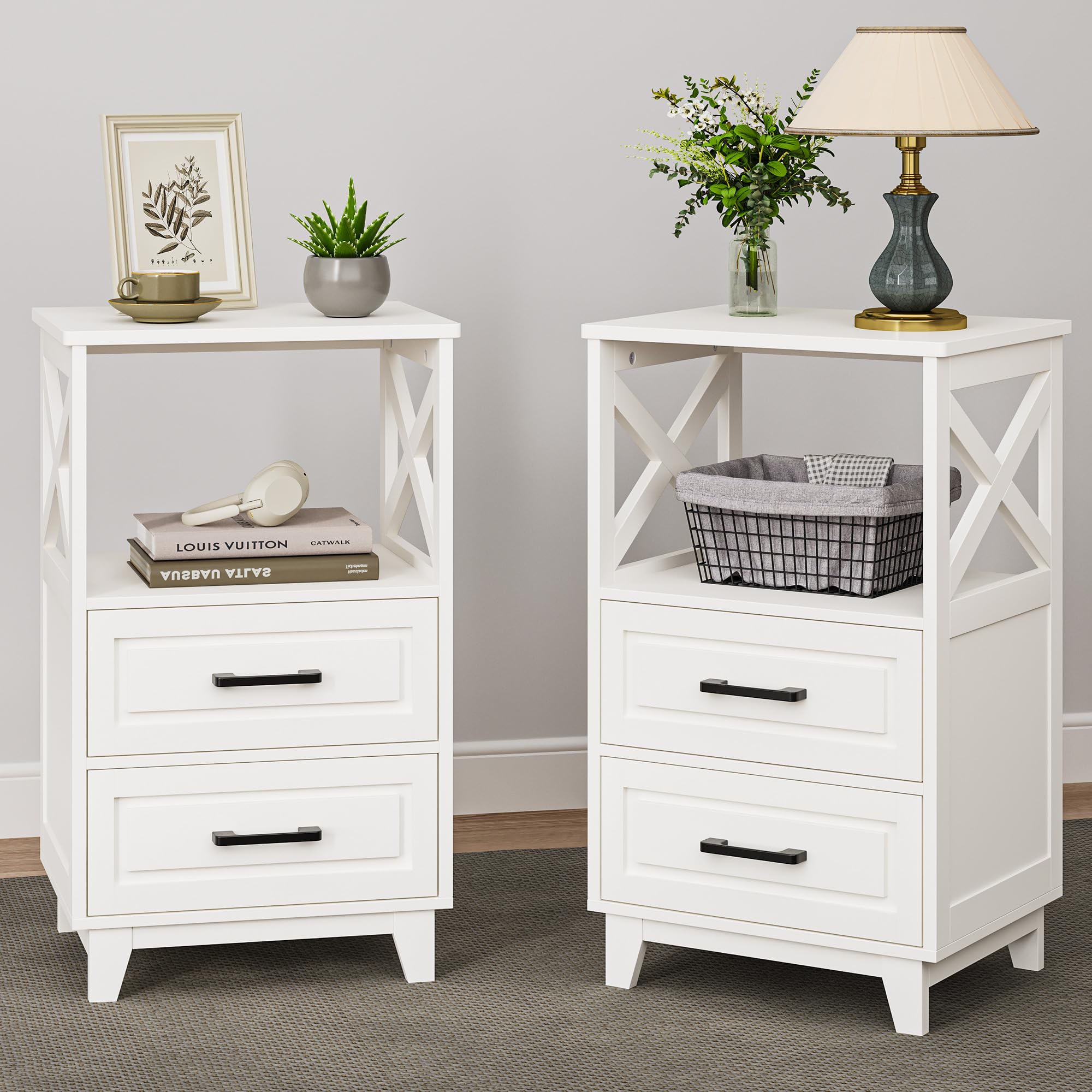 RoyalCraft Tall Nightstand Set of 2, White Side Table with 2 Drawers and Open Shelf, Bedside Table with Solid Feet, Modern Night