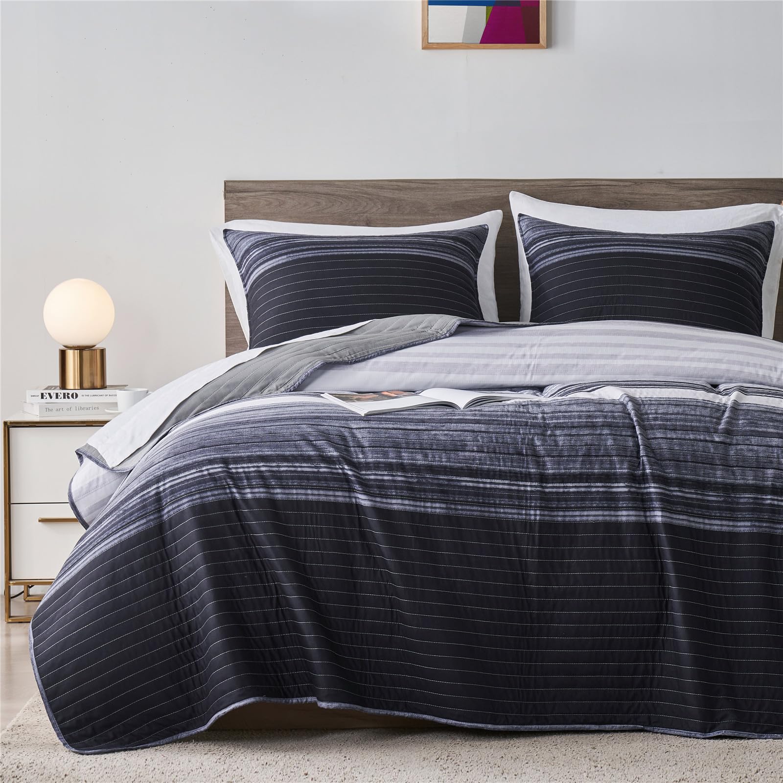 KAKIJUMN Twin Quilt Bedding Set, Black White Grey Patchwork Striped Quilt Set, 2 Pieces Soft Lightweight Bedspread Coverlet Set 
