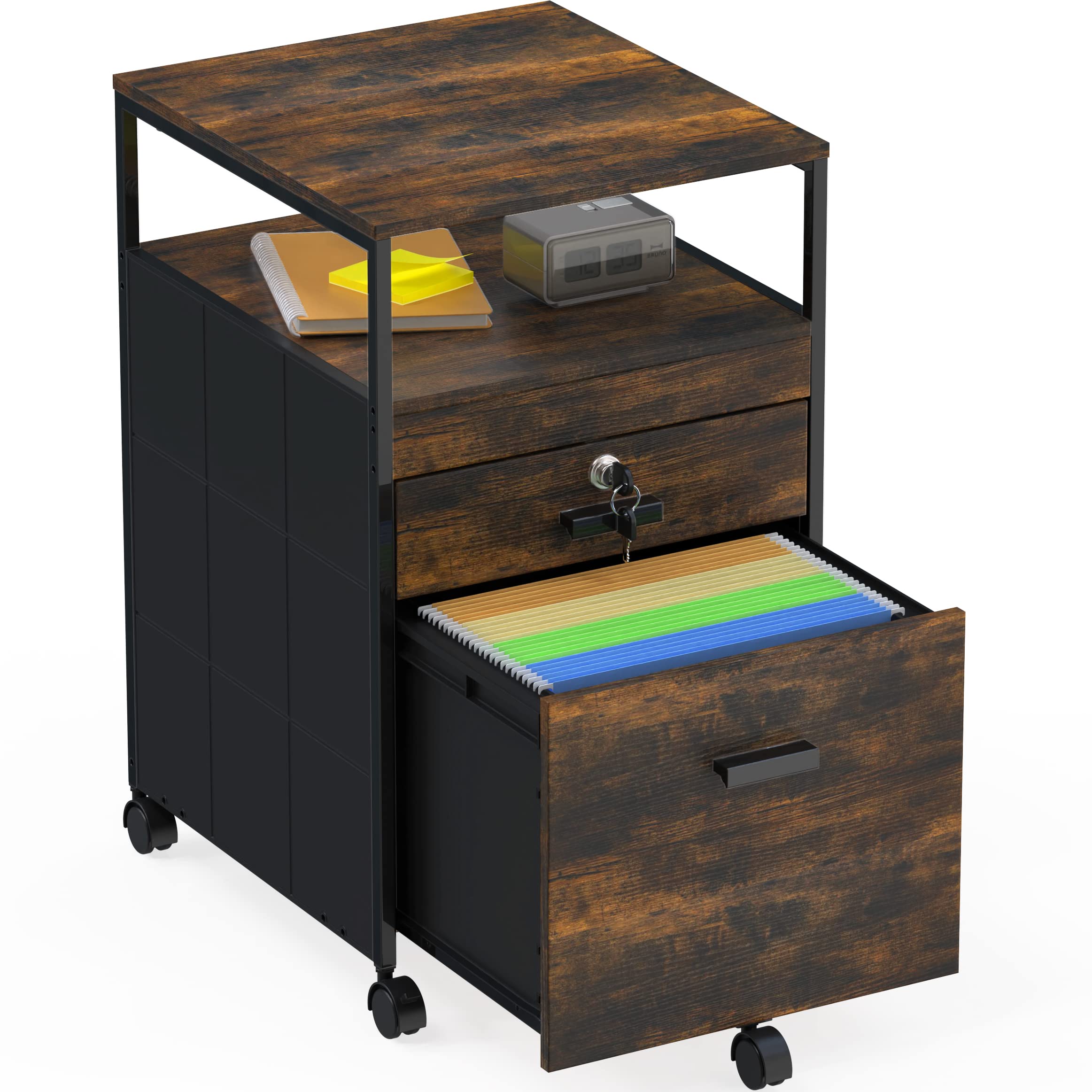 SHW Box File Rolling Mobile Cabinet with Open Shelf and Lockable Drawer, Rustic Brown
