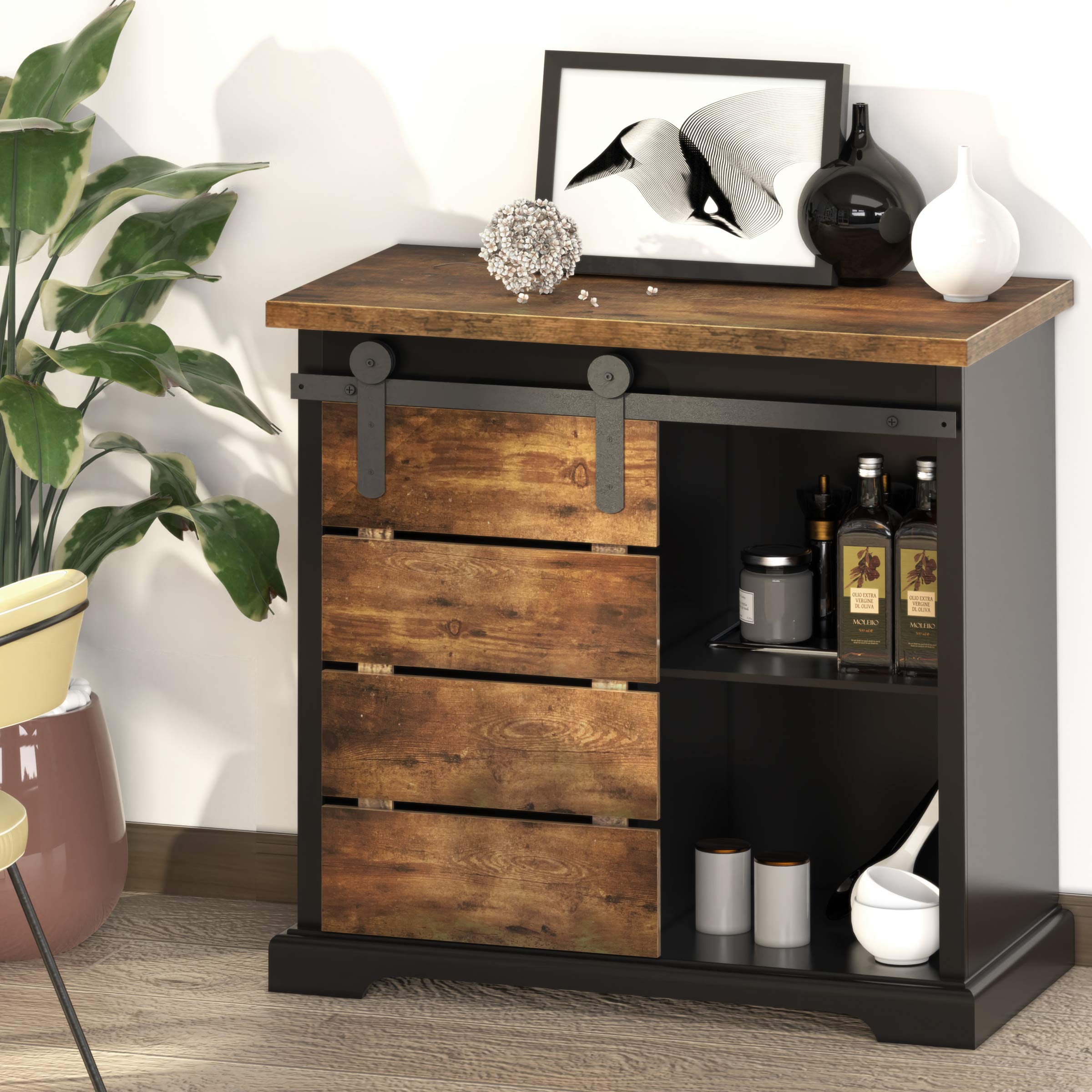 NSdirect Sideboard Coffee Bar Cabinet,Modern Farmhouse Buffet Station Sliding Barn Door Storage Credenza Console with Slat and S