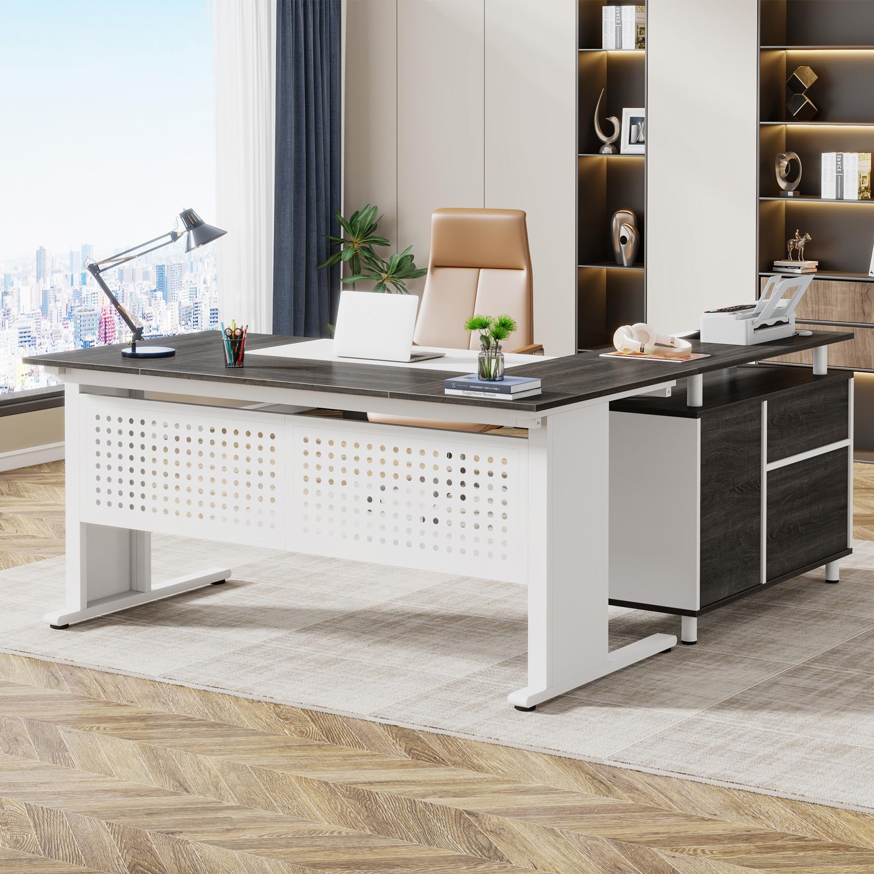 Tribesigns 63 Inch Executive Desk with File Cabinet, L Shaped Office Desk with Drawers and Storage Shelves, Business Furniture S