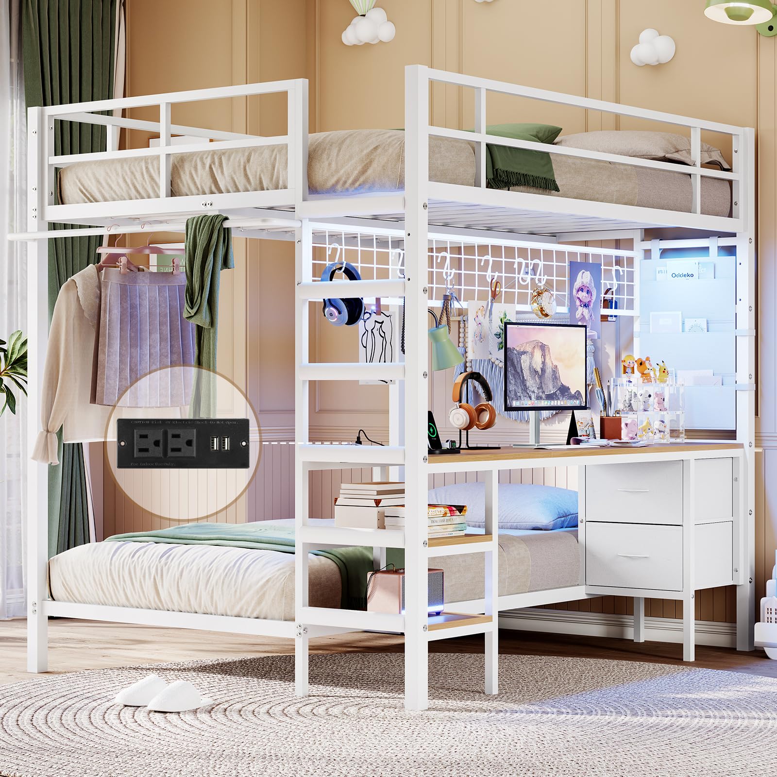 DICTAC Full Over Twin Size Bunk Bed with Desk and Led Lights Metal Loft Bed Frame with Charging Station,Storage Shelves and Draw